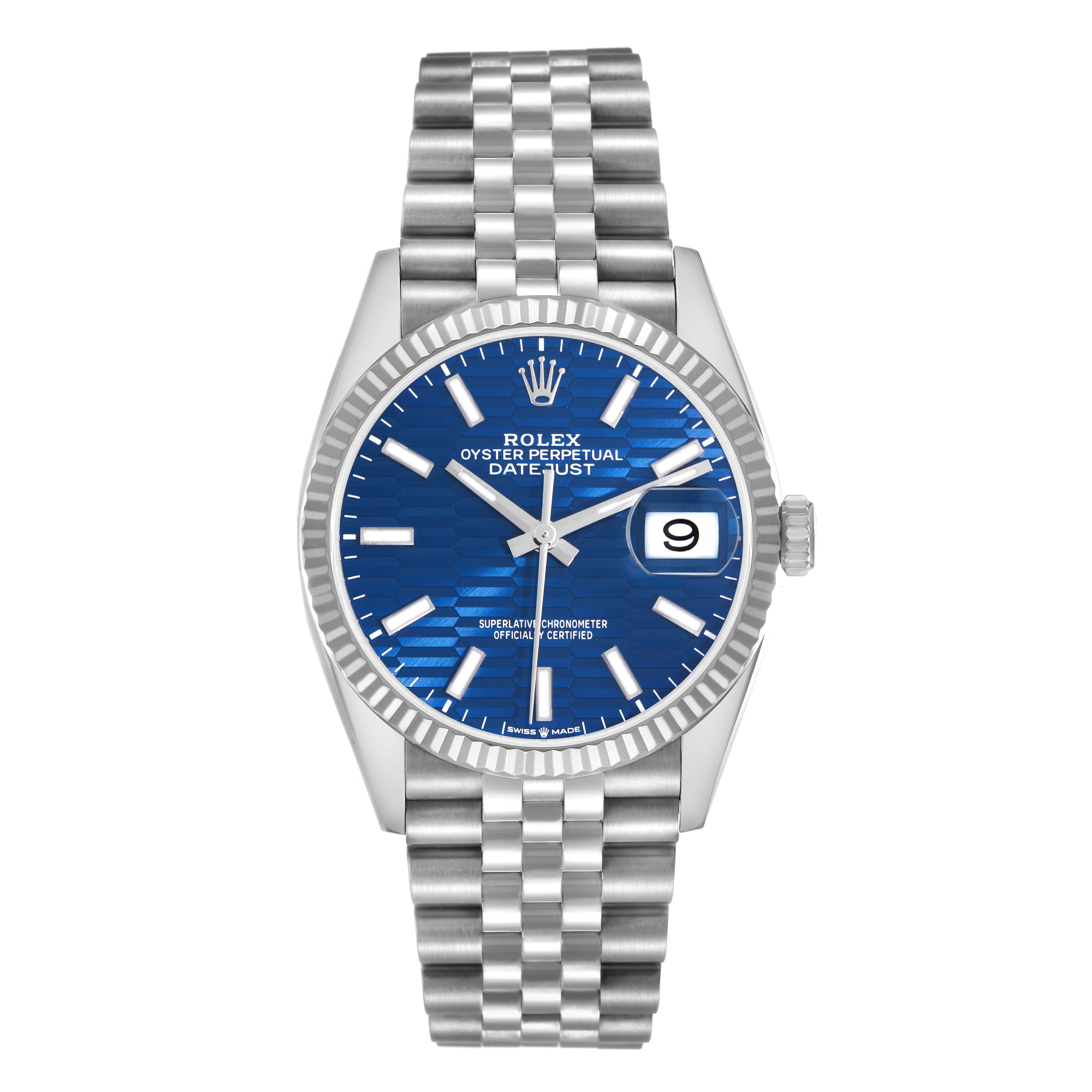 The Rolex Datejust 126234 Men
s Stainless Steel Blue Dial 126234 Men
s Stainless Steel Blue Dial watch is shown from the front, displaying its blue dial, date function, and Jubilee bracelet.