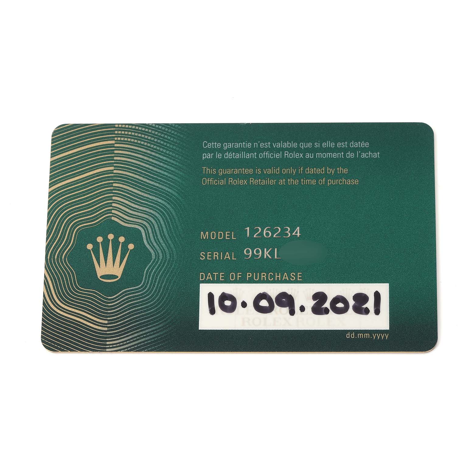 The image shows a Rolex Datejust 126234 Men
s Stainless Steel Blue Dial 126234 Men
s Stainless Steel Blue Dial warranty card, displaying the model number, serial number, and purchase date.