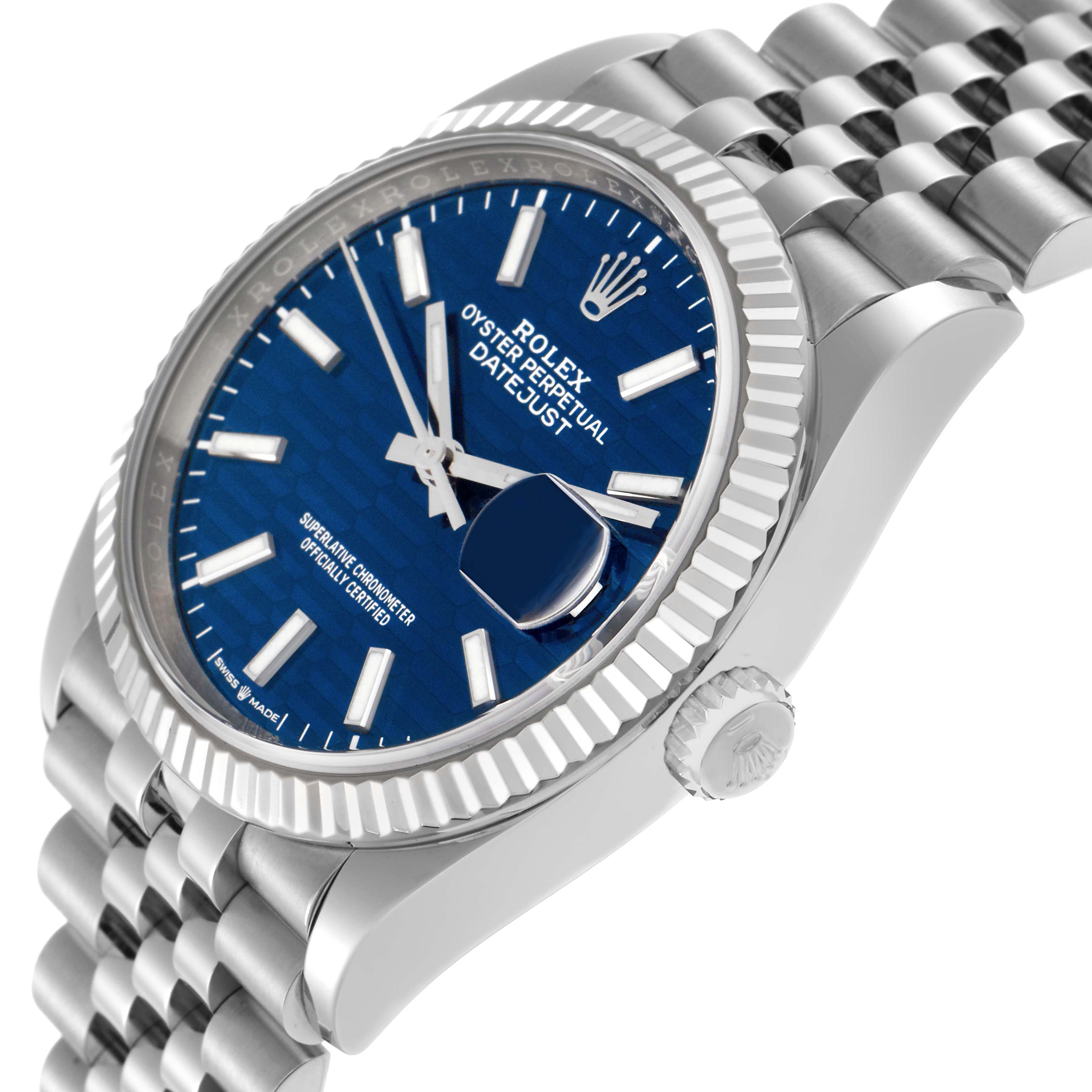 The Rolex Datejust 126234 Men
s Stainless Steel Blue Dial 126234 Men
s Stainless Steel Blue Dial watch is shown at a three-quarter angle, highlighting the bezel, crown, and Jubilee bracelet.