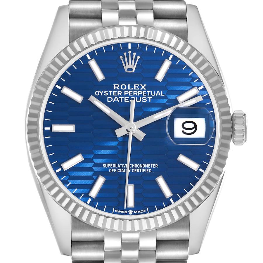 The Rolex Datejust 126234 Men's Stainless Steel Blue Dial 126234 Men's Stainless Steel Blue Dial is shown from a frontal angle, highlighting its blue textured dial, fluted bezel, and jubilee bracelet.