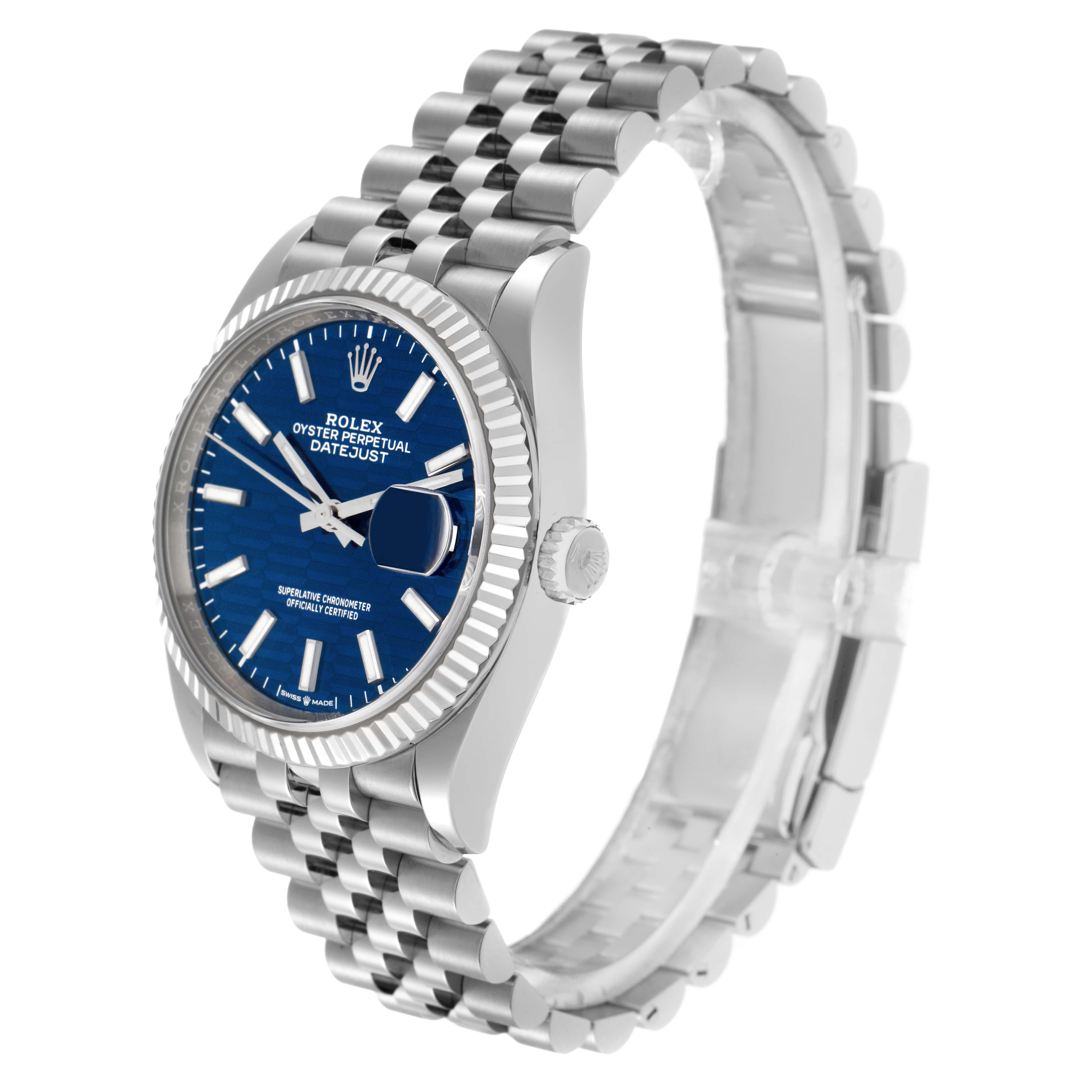 The Rolex Datejust 126234 Men
s Stainless Steel Blue Dial 126234 Men
s Stainless Steel Blue Dial watch is shown from an angled side view, displaying the case, bezel, dial, and Jubilee bracelet.