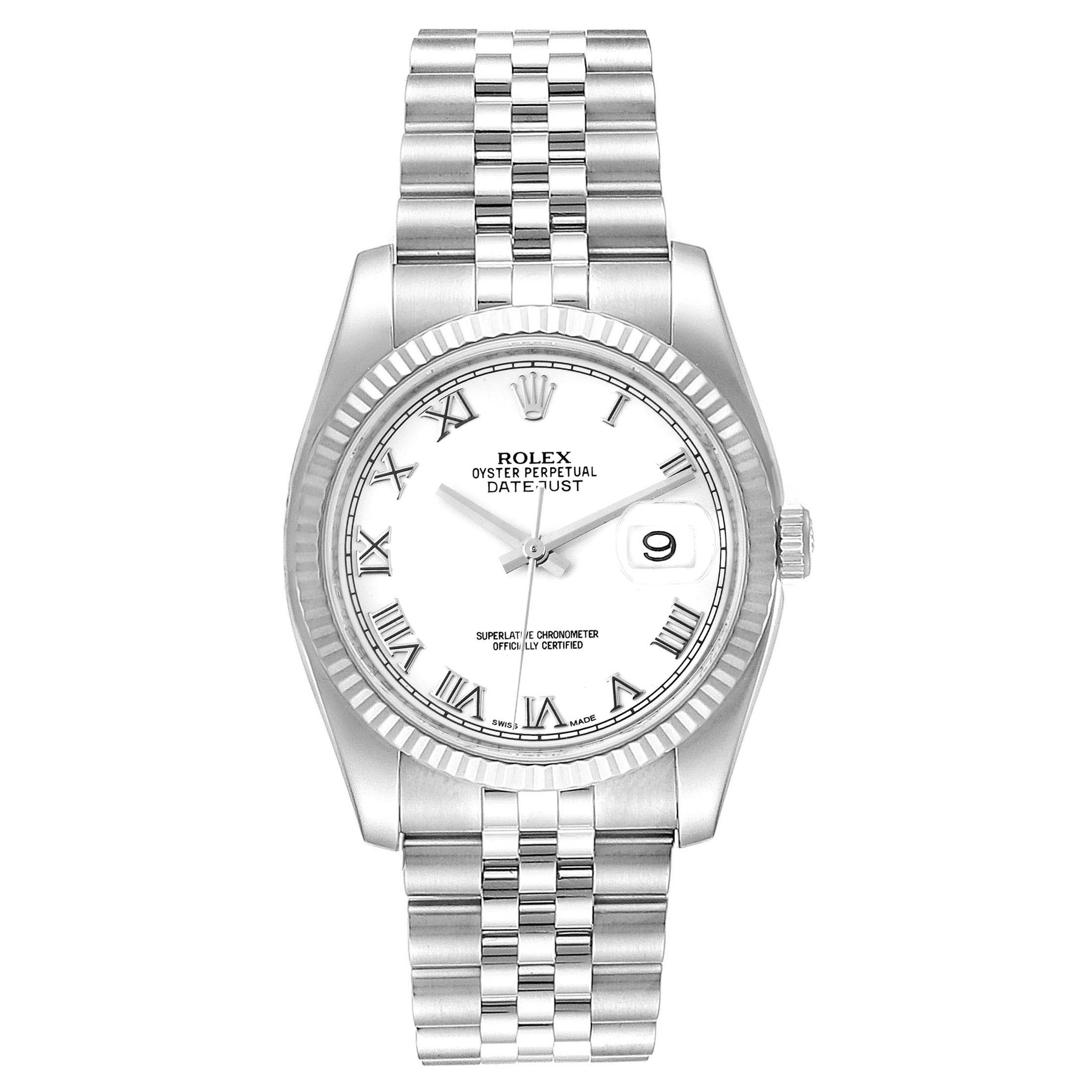 The image shows a Rolex Datejust 116234 Men's Stainless Steel White Dial 116234 Men's Stainless Steel White Dial watch from a top-down angle, displaying the face, bezel, and bracelet.
