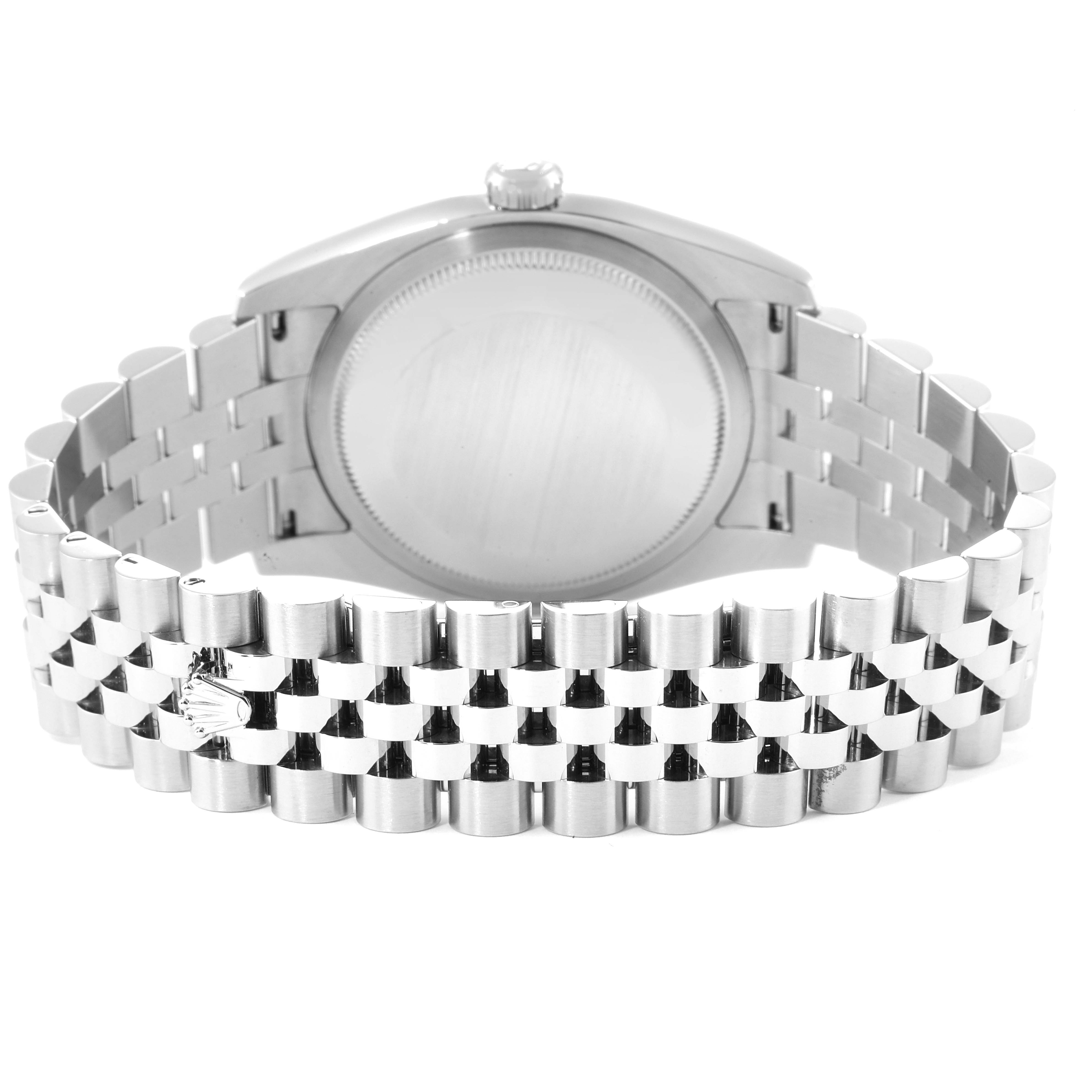 The image shows the back case and bracelet of a Rolex Datejust 116234 Men's Stainless Steel White Dial 116234 Men's Stainless Steel White Dial watch from a rear angle.
