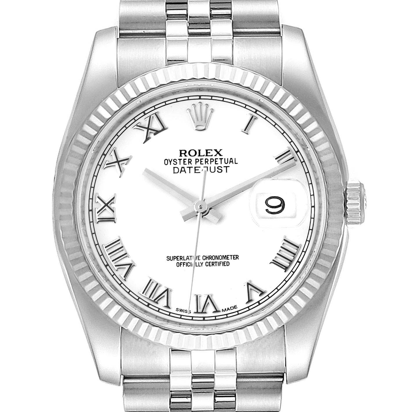 This image shows a frontal view of a Rolex Datejust 116234 Men's Stainless Steel White Dial 116234 Men's Stainless Steel White Dial watch, highlighting the dial, bezel, and part of the bracelet.