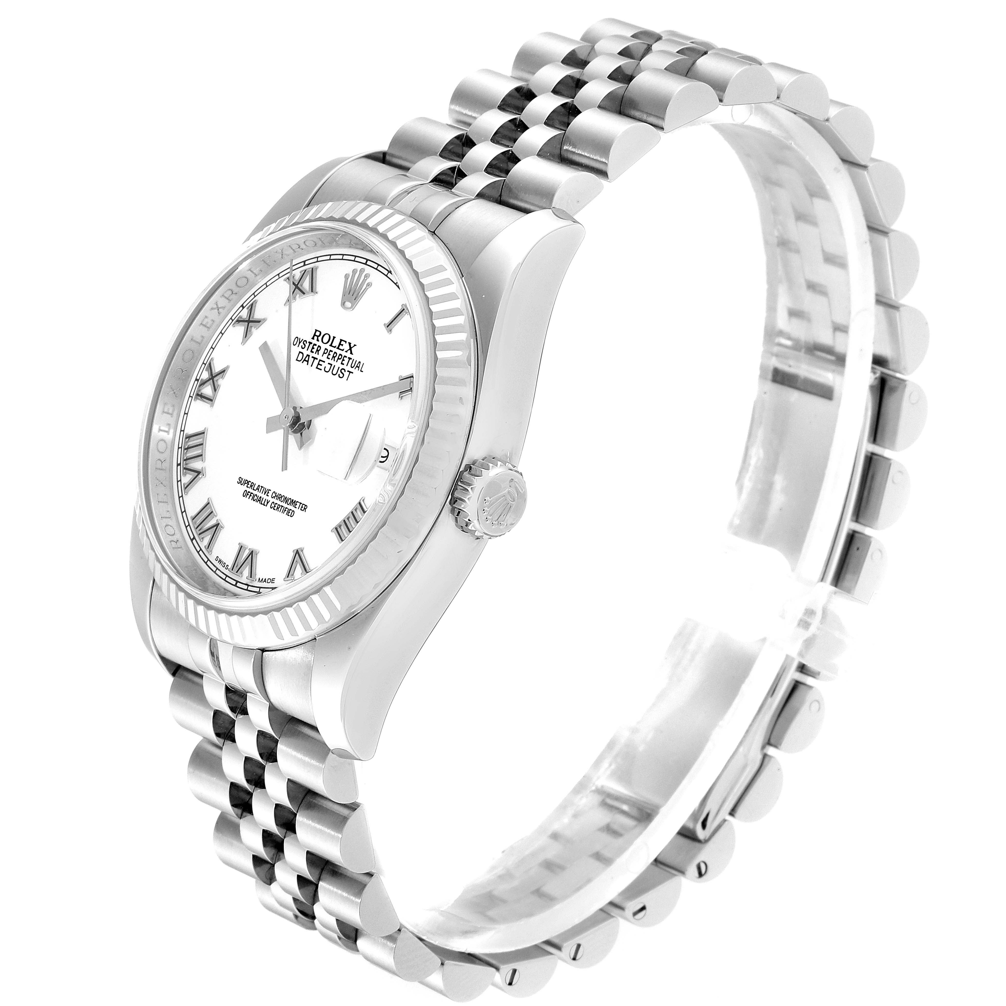 The image shows a side angle of a Rolex Datejust 116234 Men's Stainless Steel White Dial 116234 Men's Stainless Steel White Dial watch, highlighting its bracelet, bezel, crown, and dial.