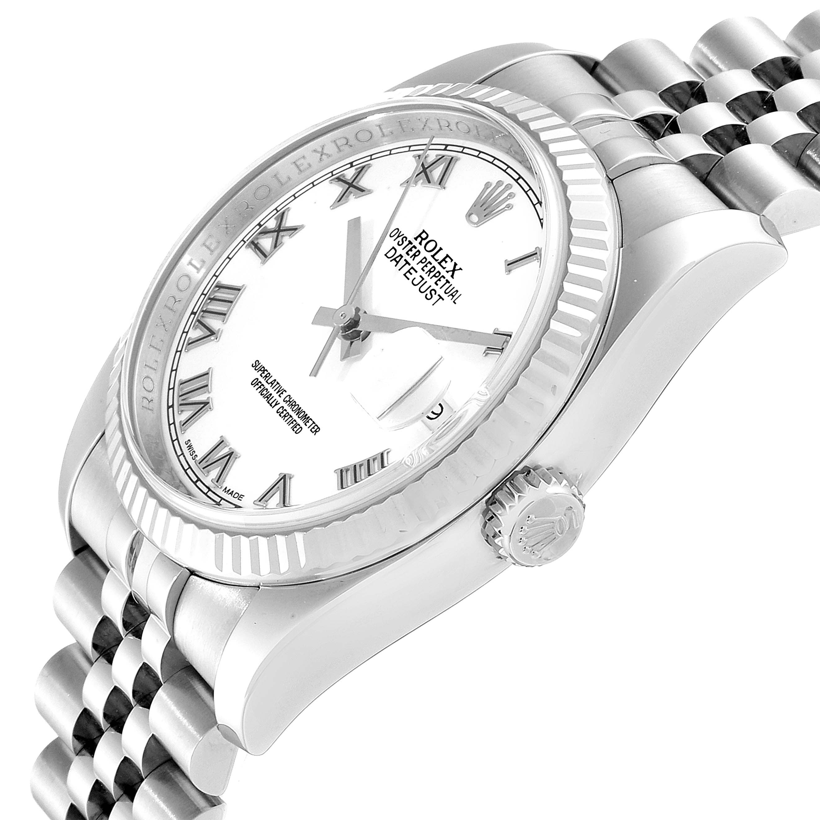 This image shows a Rolex Datejust 116234 Men's Stainless Steel White Dial 116234 Men's Stainless Steel White Dial watch at an angled view highlighting the face, bezel, crown, and part of the bracelet.