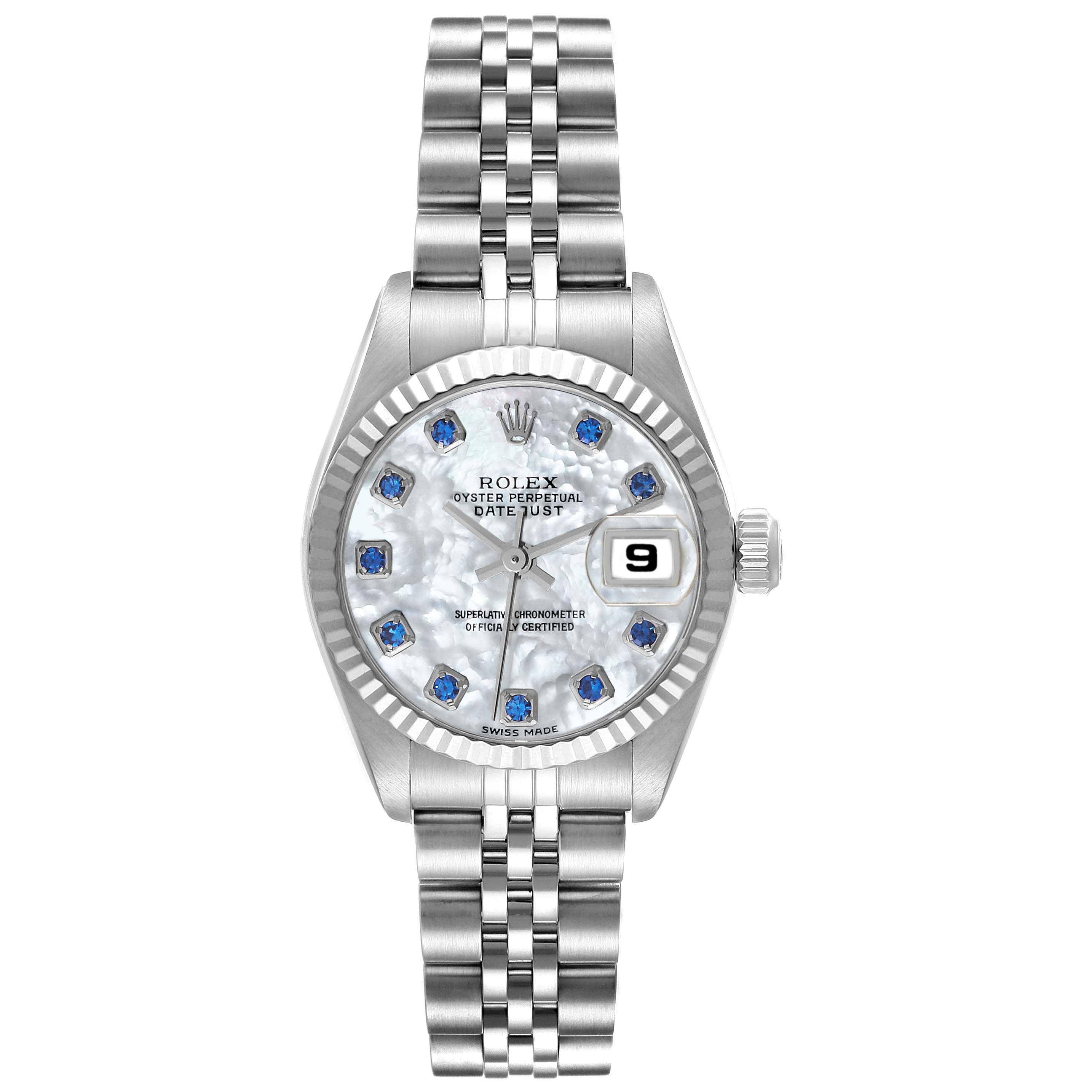 The image shows a Rolex Datejust 79174 Women
s Stainless Steel Mother of Pearl Dial 79174 Women
s Stainless Steel Mother of Pearl Dial watch from a top-down angle, displaying its face, bezel, crown, and bracelet.