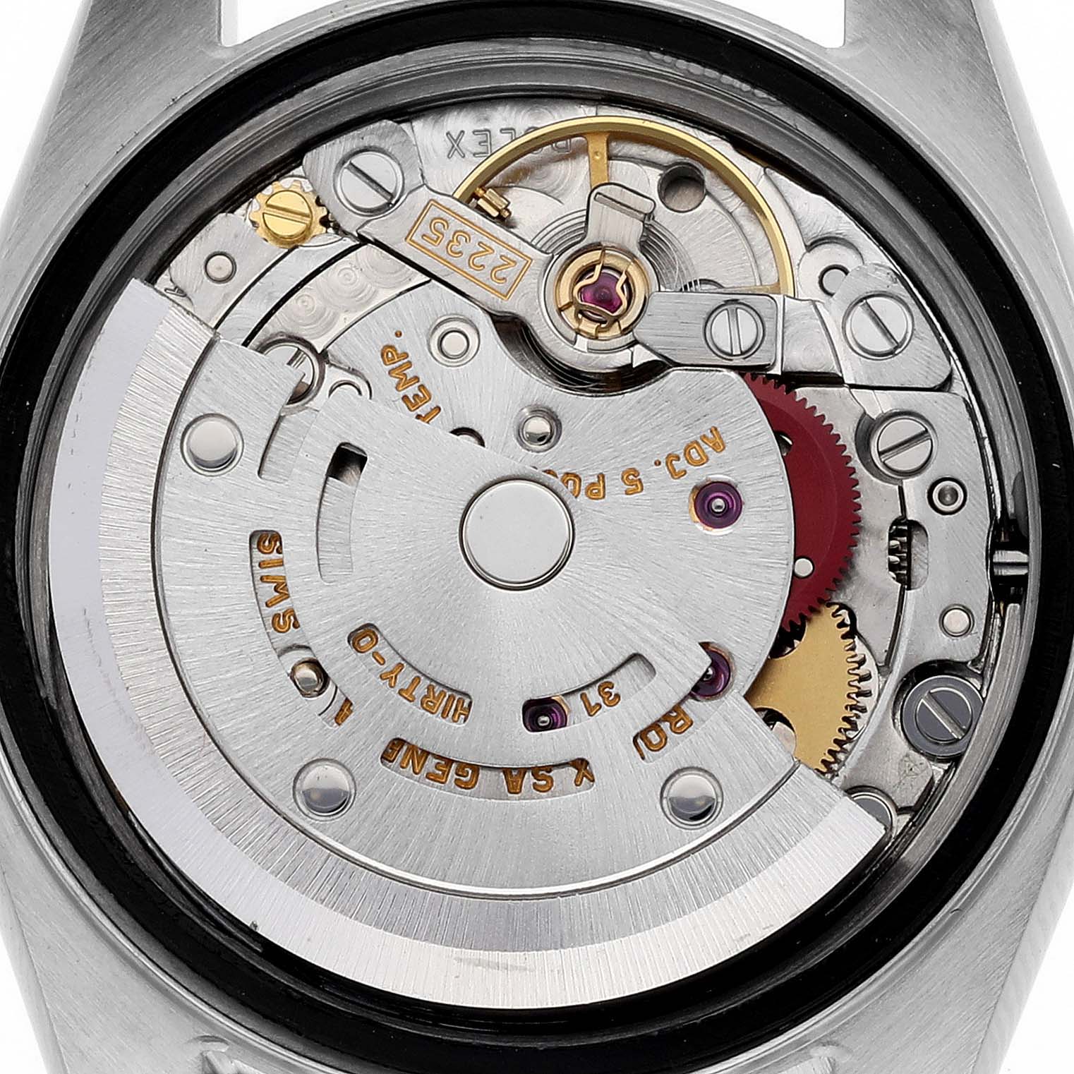 This image shows a close-up view of the internal mechanism of a Rolex Datejust 79174 Women
s Stainless Steel Mother of Pearl Dial 79174 Women
s Stainless Steel Mother of Pearl Dial watch, highlighting its intricate components.