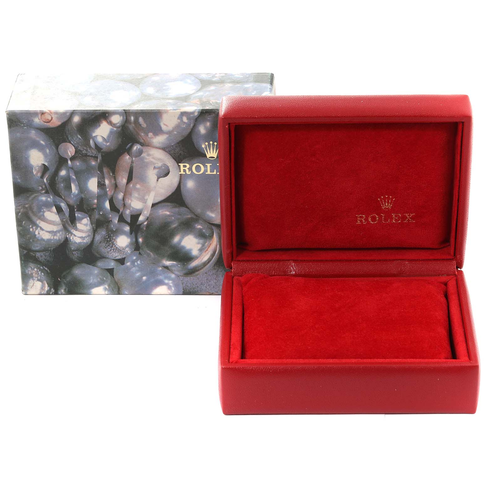 The image shows a red Rolex Datejust 79174 Women
s Stainless Steel Mother of Pearl Dial 79174 Women
s Stainless Steel Mother of Pearl Dial watch box, open to reveal the interior, alongside its outer decorative box.
