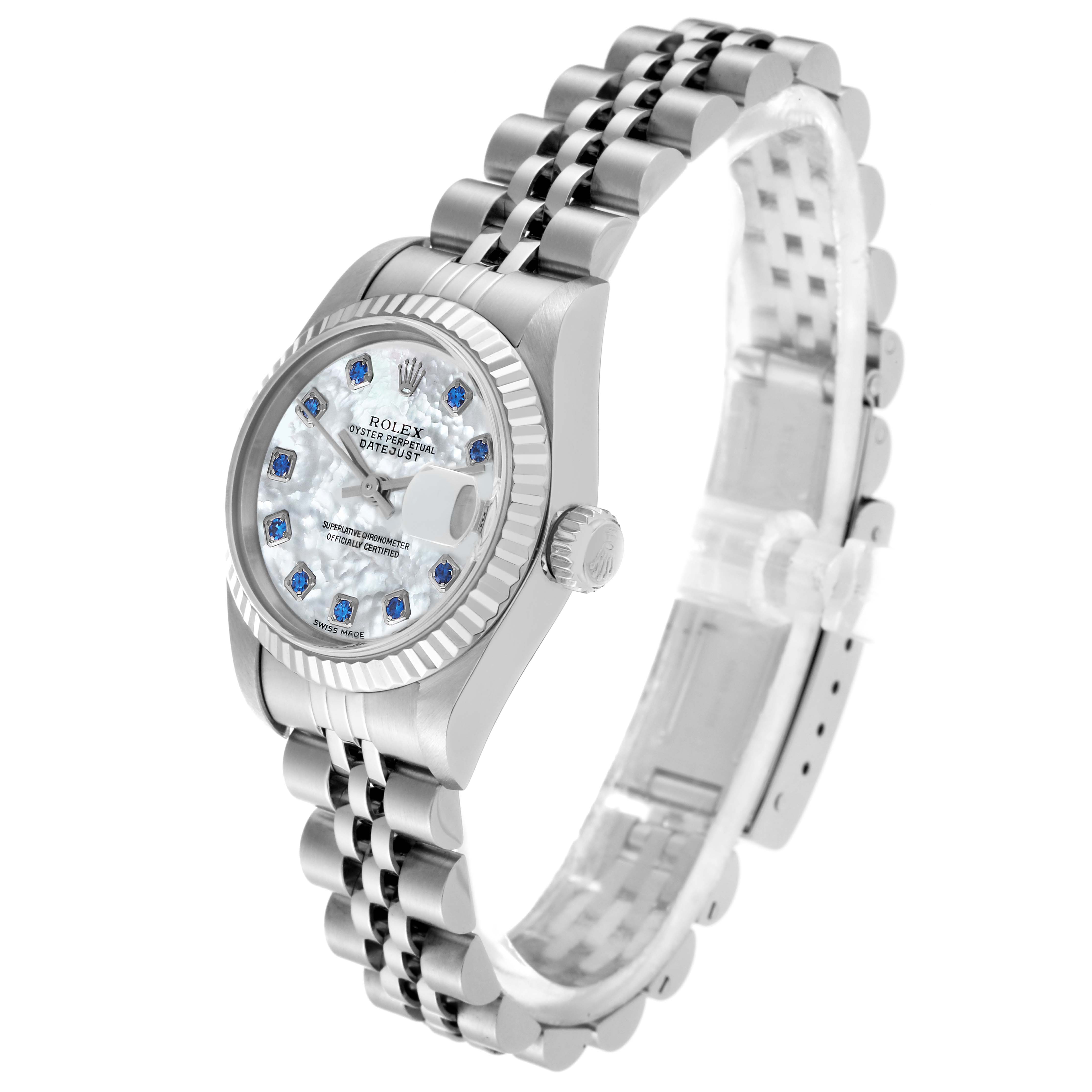 The image shows a Rolex Datejust 79174 Women
s Stainless Steel Mother of Pearl Dial 79174 Women
s Stainless Steel Mother of Pearl Dial watch at a slight angle highlighting the face, bezel, crown, and the Jubilee bracelet.