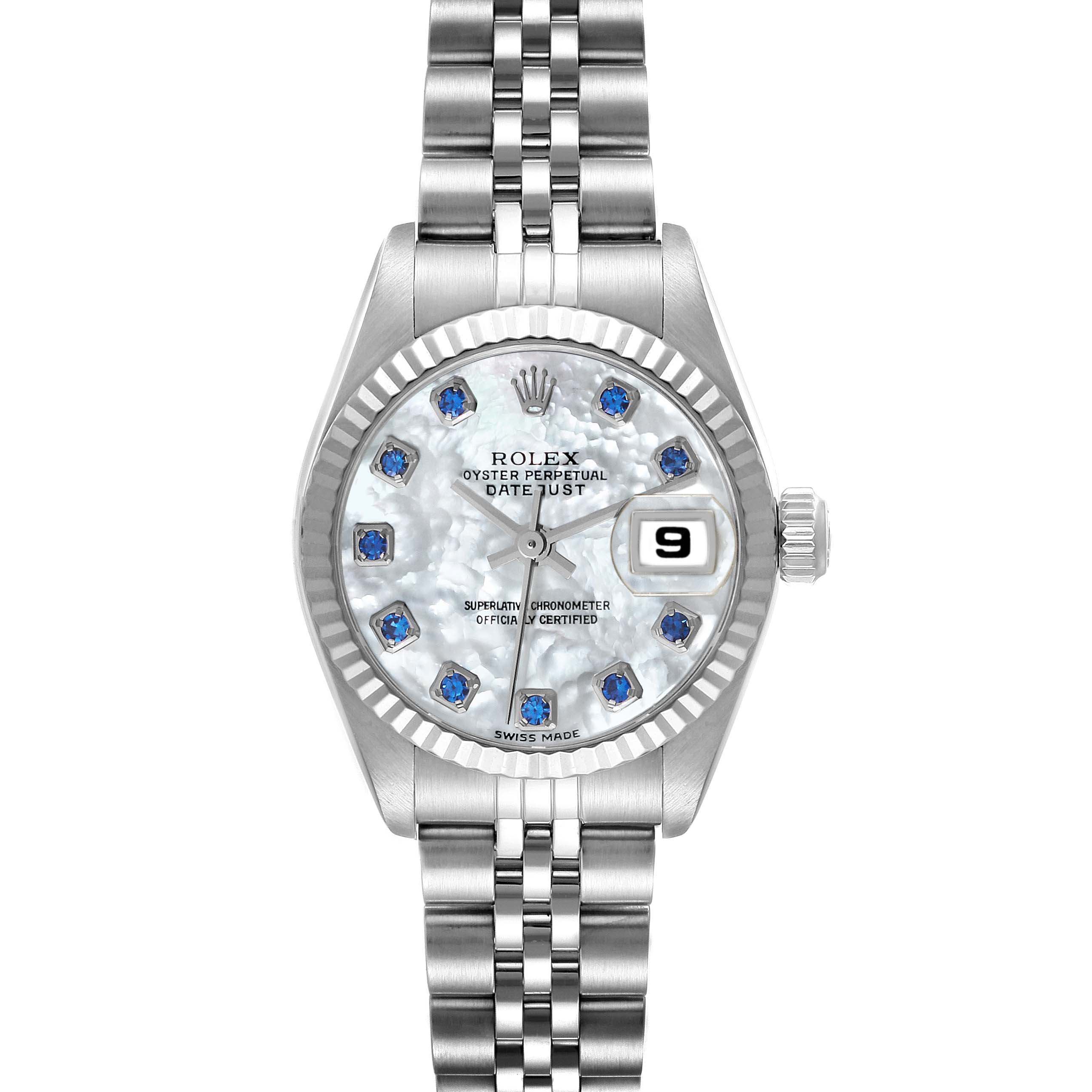 The Rolex Datejust 79174 Women
s Stainless Steel Mother of Pearl Dial 79174 Women
s Stainless Steel Mother of Pearl Dial watch is shown from a top-down view, highlighting the dial, bezel, and bracelet.