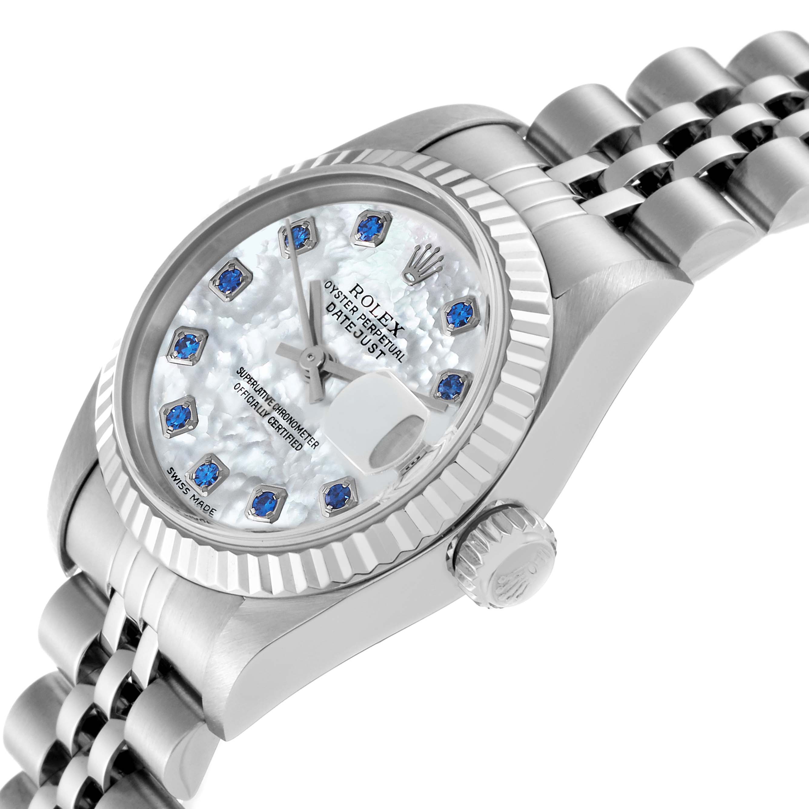 The Rolex Datejust 79174 Women
s Stainless Steel Mother of Pearl Dial 79174 Women
s Stainless Steel Mother of Pearl Dial watch is shown at an angled side view, displaying the dial, bezel, crown, and part of the bracelet.