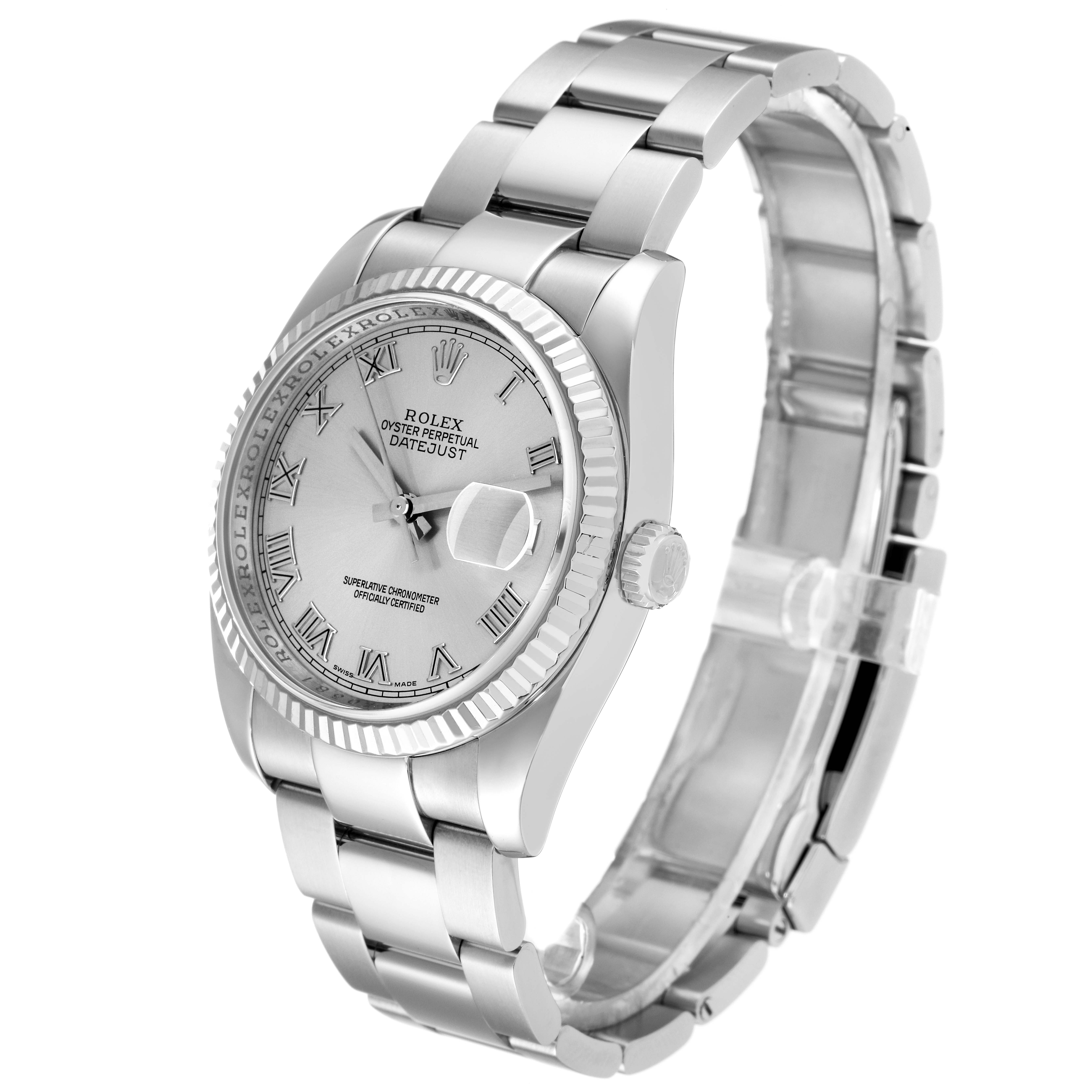 The image shows a side angle of a Rolex Datejust 116234 Men's Stainless Steel Silver Dial 116234 Men's Stainless Steel Silver Dial watch, showcasing the dial, bracelet, crown, and fluted bezel.