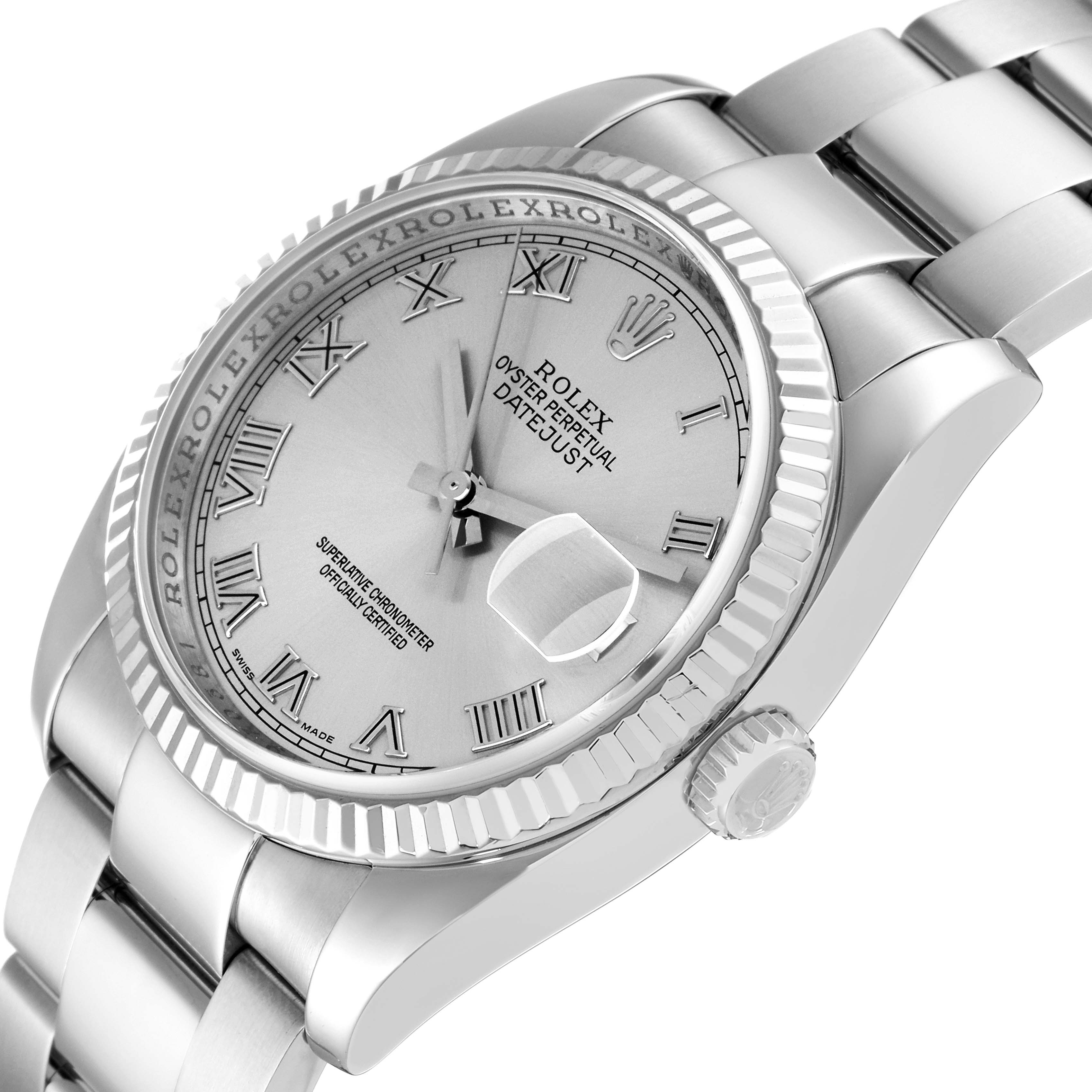 This image shows a Rolex Datejust 116234 Men's Stainless Steel Silver Dial 116234 Men's Stainless Steel Silver Dial watch at an angled view, highlighting the dial, bezel, crown, and bracelet.