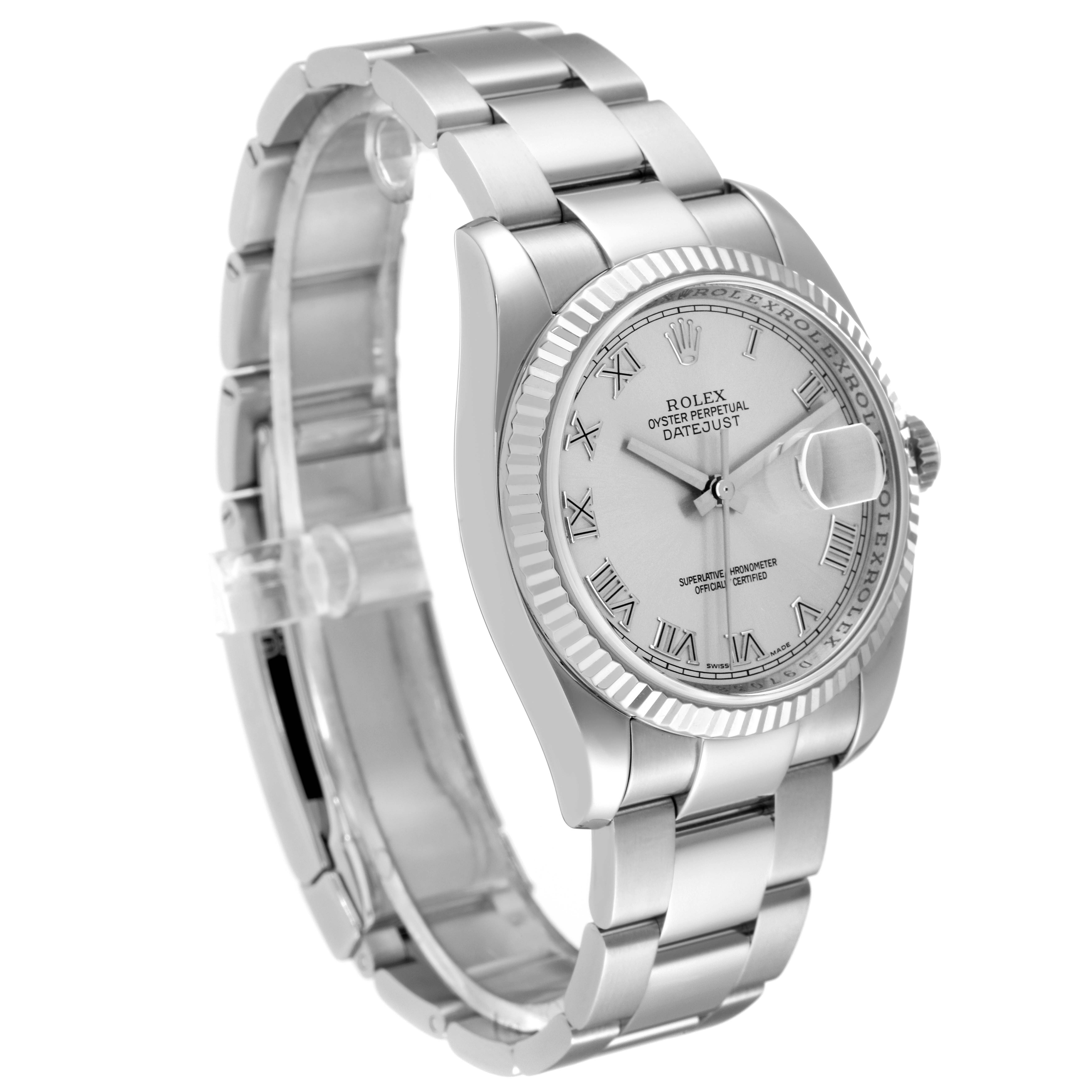 The image shows a side angle of a Rolex Datejust 116234 Men's Stainless Steel Silver Dial 116234 Men's Stainless Steel Silver Dial watch, highlighting the bracelet, bezel, and dial with Roman numerals.