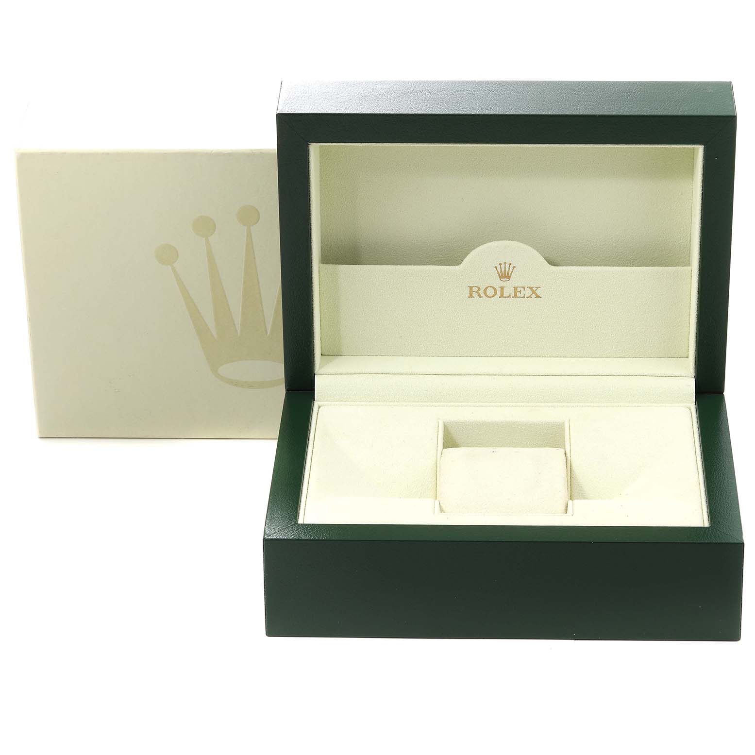 This image shows an open green Rolex Datejust 116234 Men's Stainless Steel Silver Dial 116234 Men's Stainless Steel Silver Dial watch box with a beige interior and the Rolex logo.