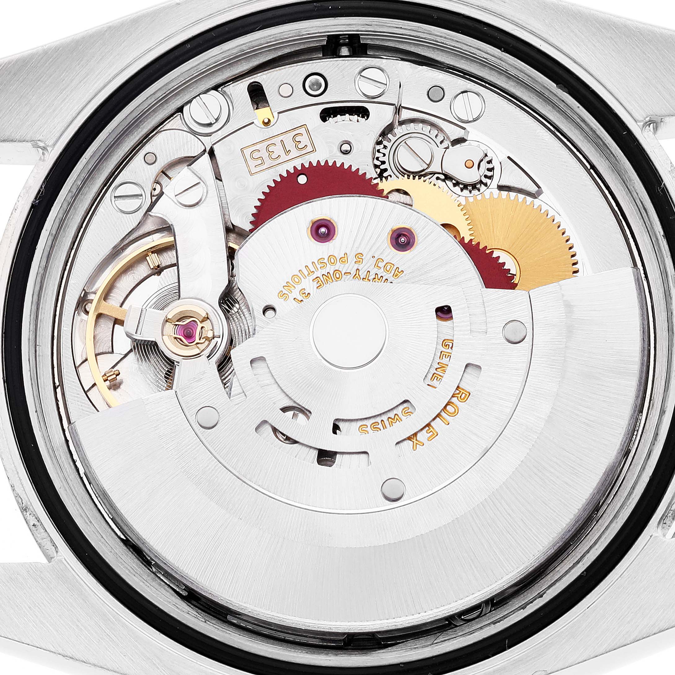 This image of a Rolex Datejust 116234 Men's Stainless Steel Silver Dial 116234 Men's Stainless Steel Silver Dial watch shows the internal mechanisms from the back angle, exposing gears and movement components.