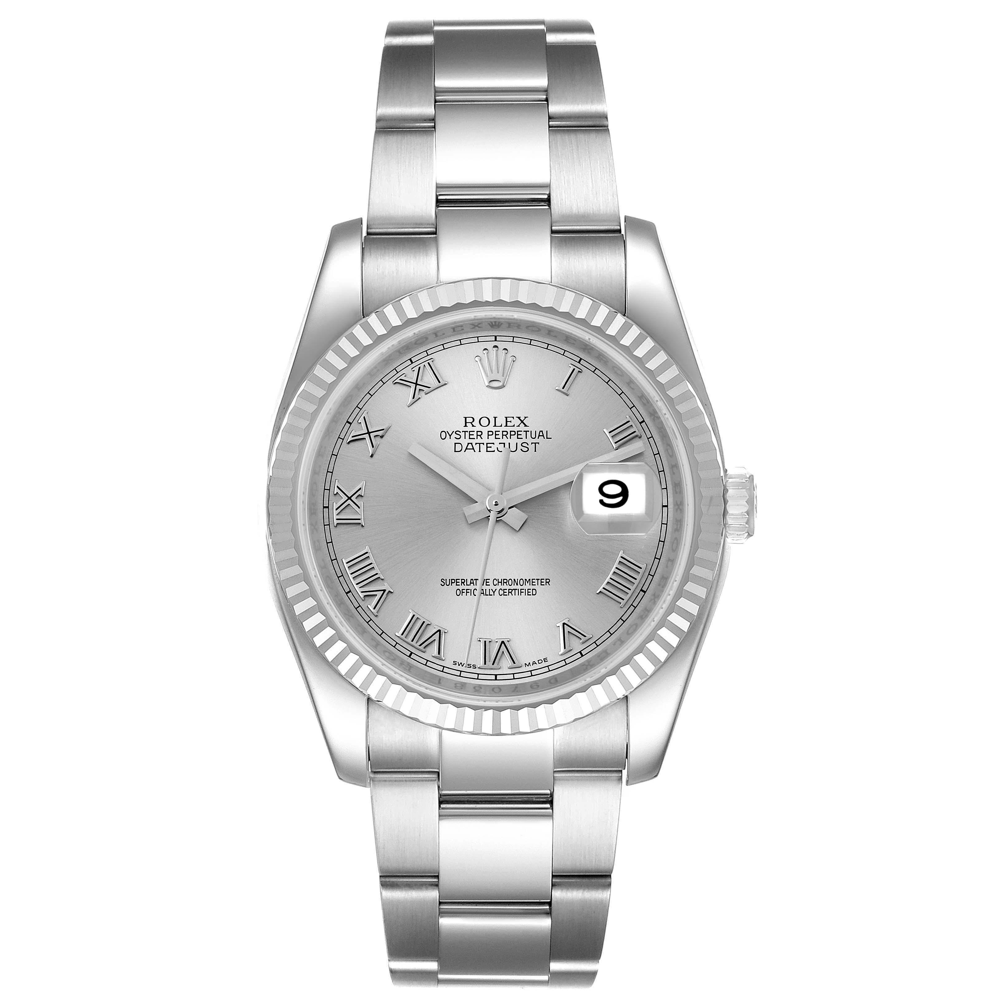 This image shows a frontal view of a Rolex Datejust 116234 Men's Stainless Steel Silver Dial 116234 Men's Stainless Steel Silver Dial watch, highlighting its silver dial, fluted bezel, and Oyster bracelet.