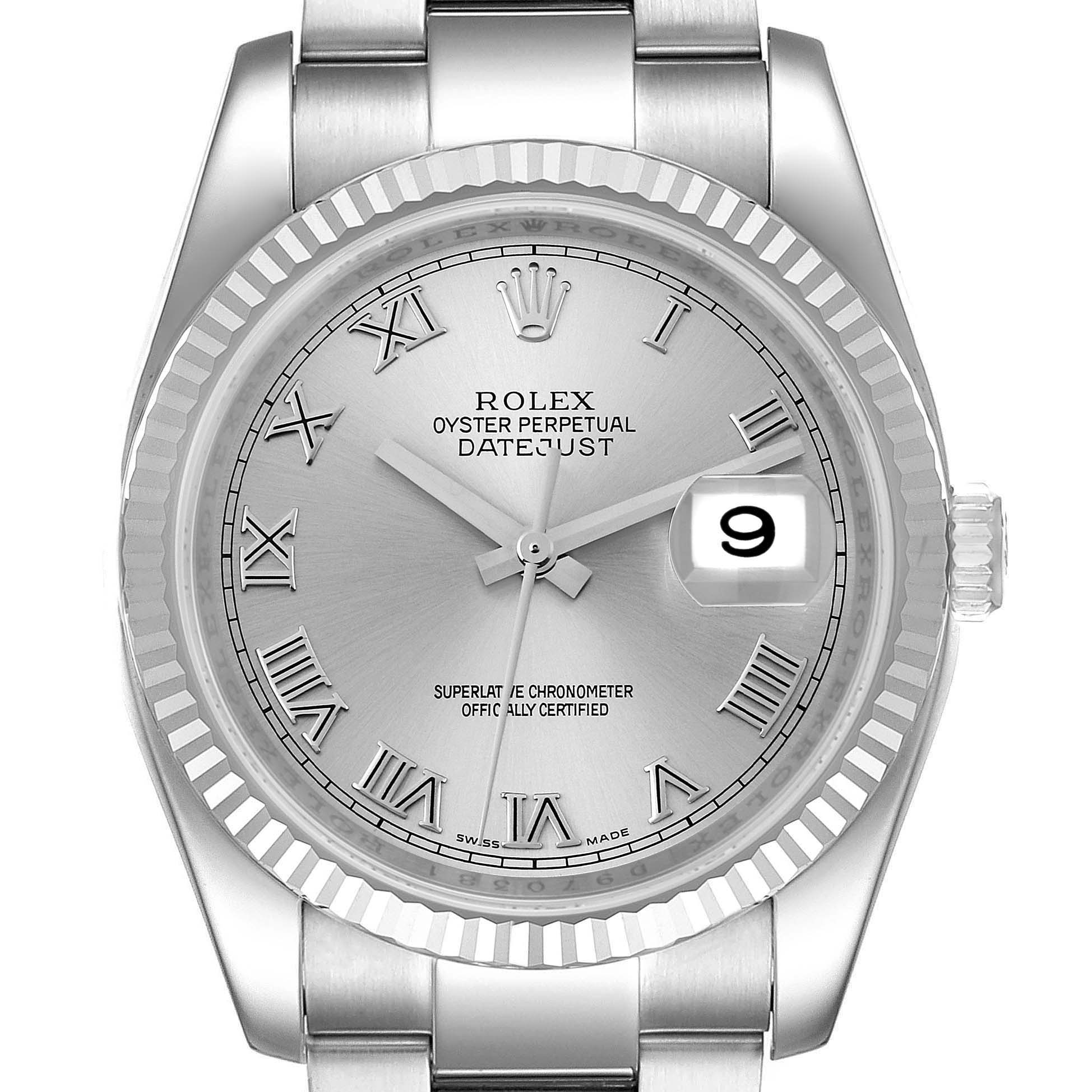 This Rolex Datejust 116234 Men's Stainless Steel Silver Dial 116234 Men's Stainless Steel Silver Dial watch is shown from a front angle, highlighting its face, bezel, and part of the bracelet.