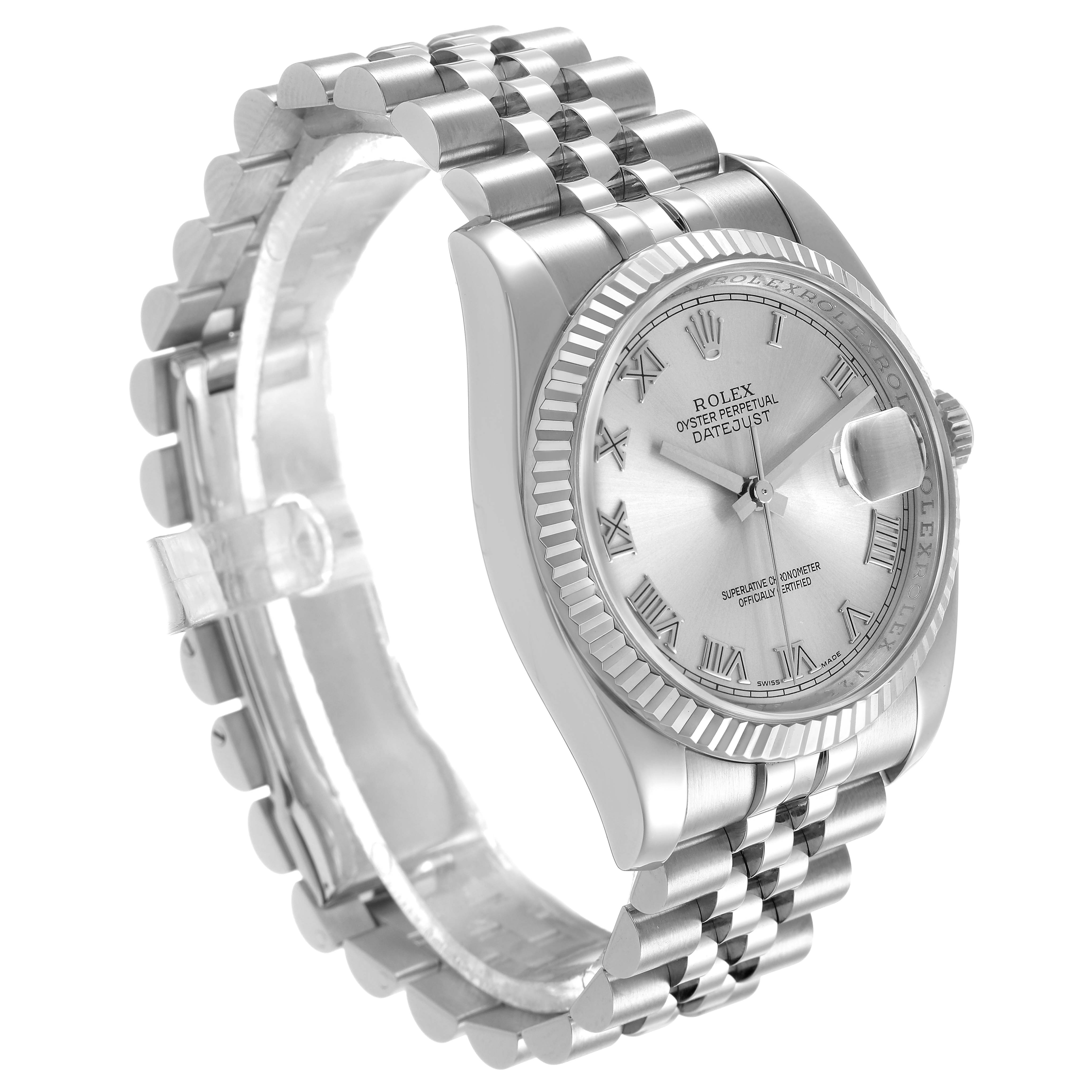 The Rolex Datejust 116234 Men's Stainless Steel White Dial watch is shown at a three-quarter angle, highlighting the face, bezel, and bracelet.