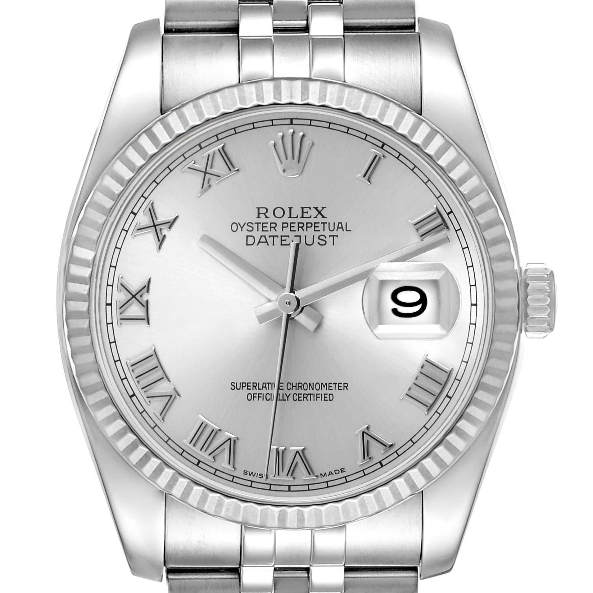 The Rolex Datejust 116234 Men's Stainless Steel White Dial watch is shown from a top view, featuring the dial, bezel, crown, and part of the bracelet.