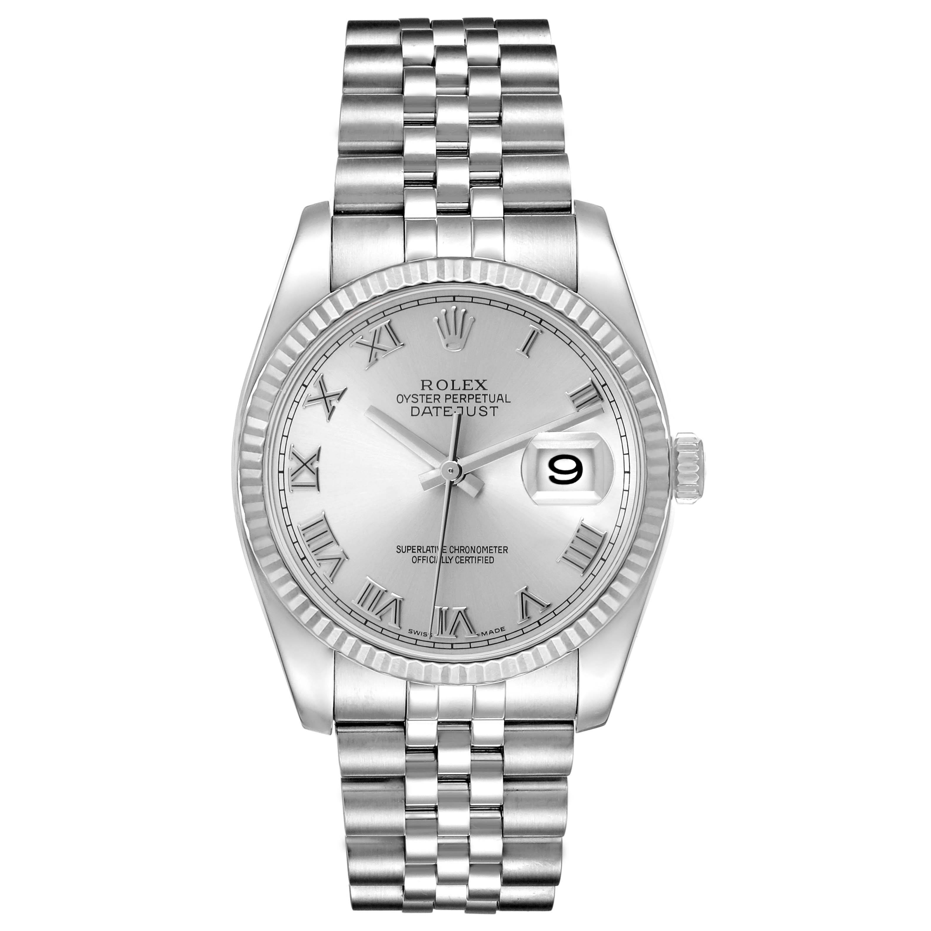 The Rolex Datejust 116234 Men's Stainless Steel White Dial watch is shown from the front, displaying the face, bracelet, and cyclops lens over the date.