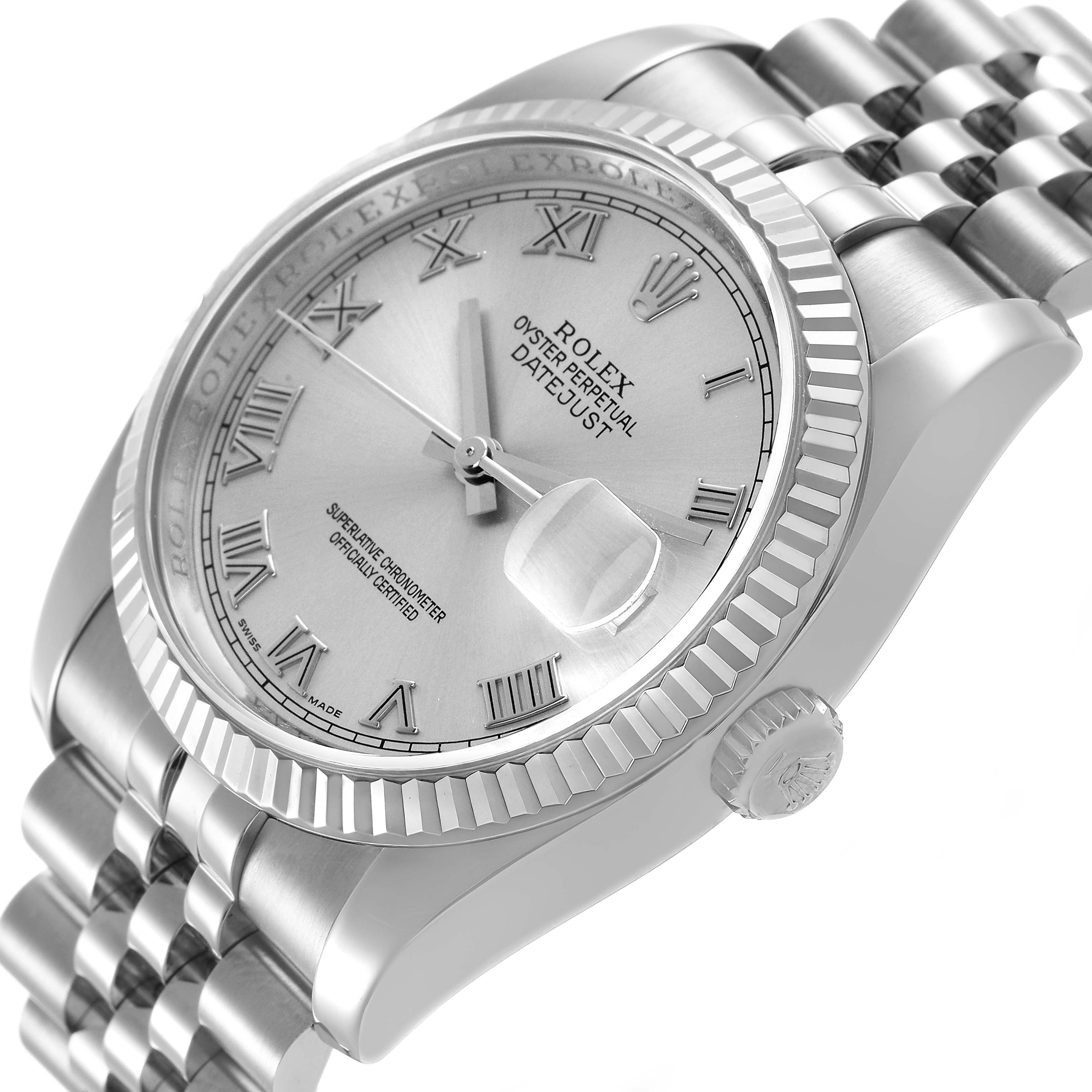 The image shows a Rolex Datejust 116234 Men's Stainless Steel White Dial watch angled to display the face, bezel, crown, and part of the bracelet.