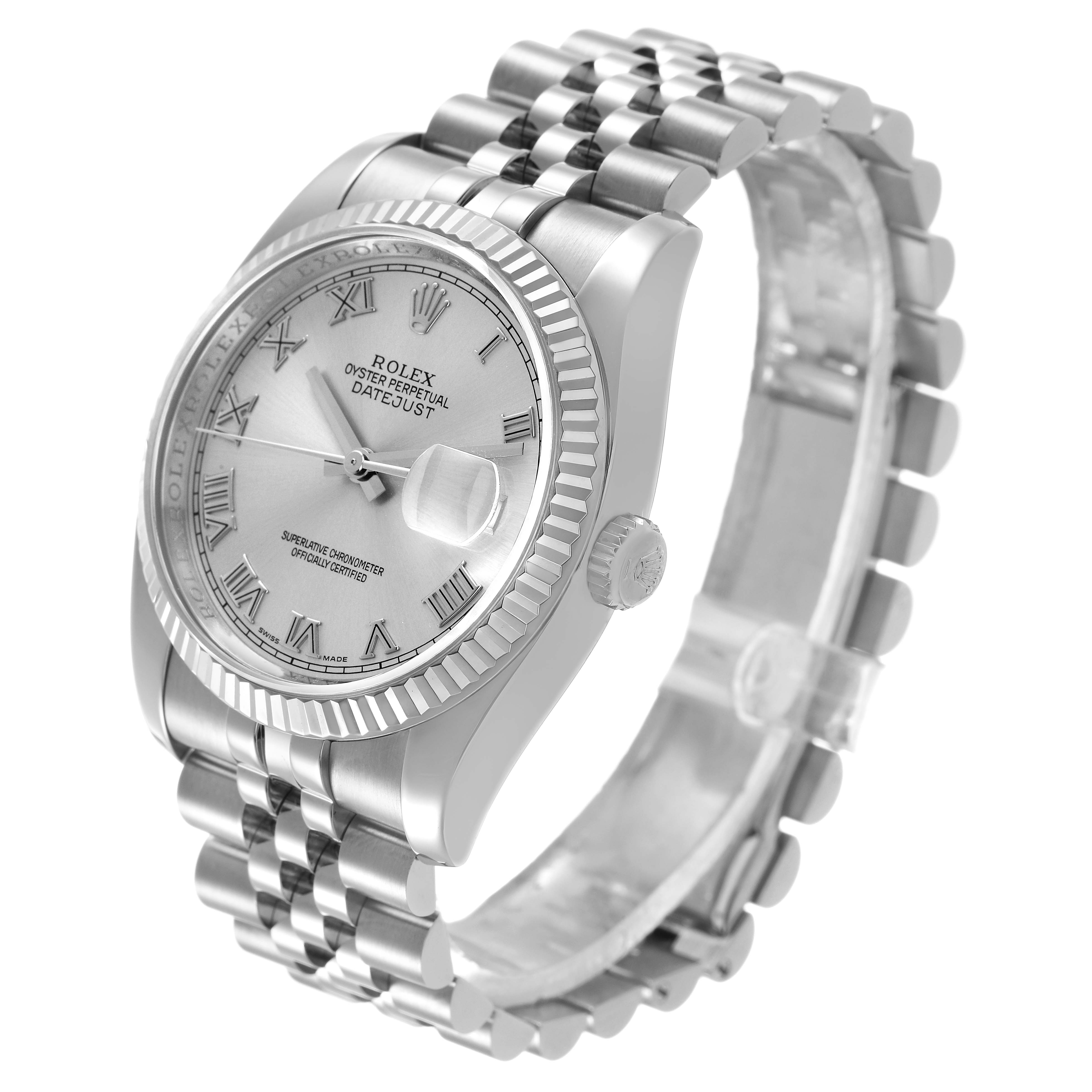 The Rolex Datejust 116234 Men's Stainless Steel White Dial watch is shown at a front-side angle, displaying the dial, bezel, crown, and part of the bracelet.
