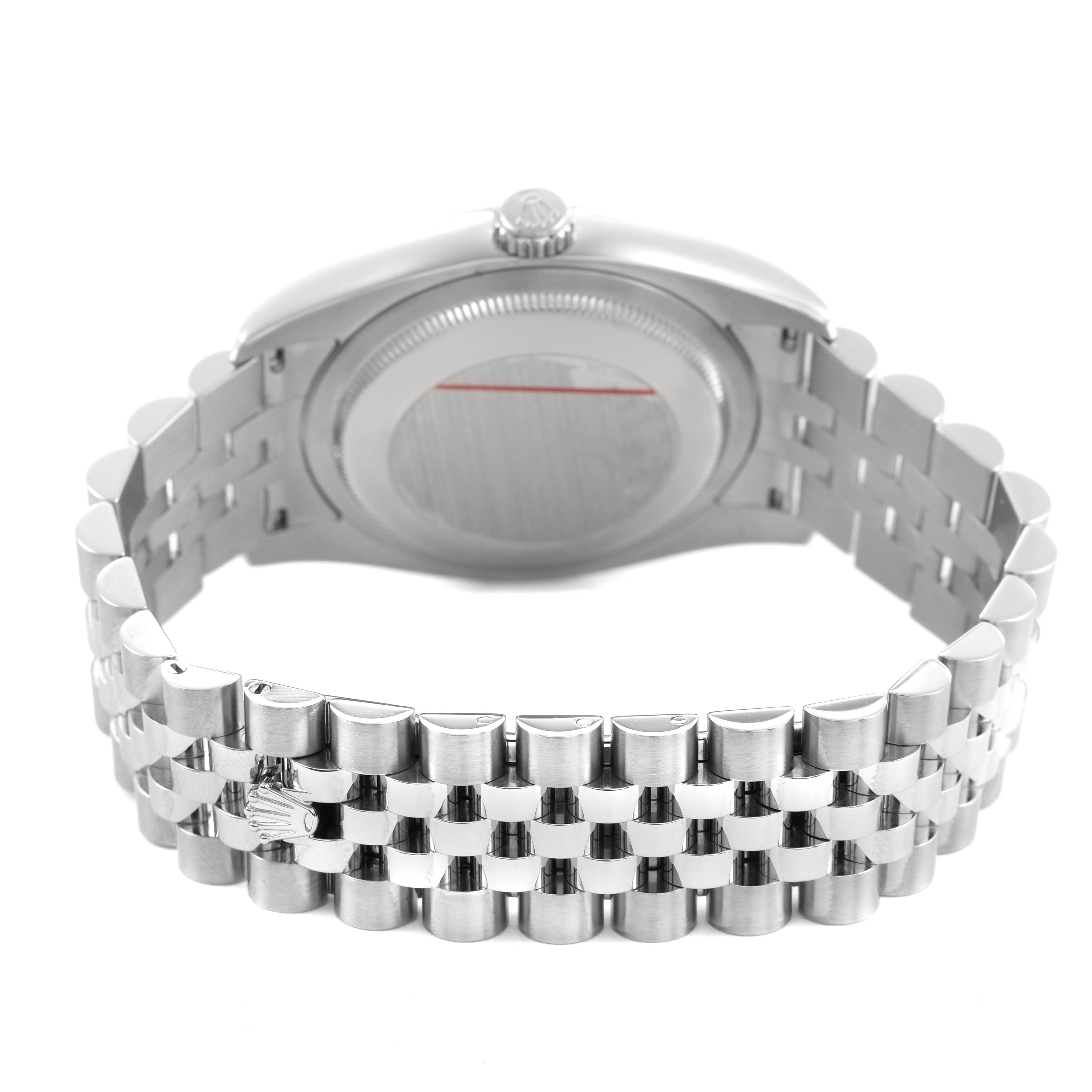The image shows the back view of a Rolex Datejust 116234 Men's Stainless Steel White Dial watch, highlighting the case back and Jubilee bracelet.