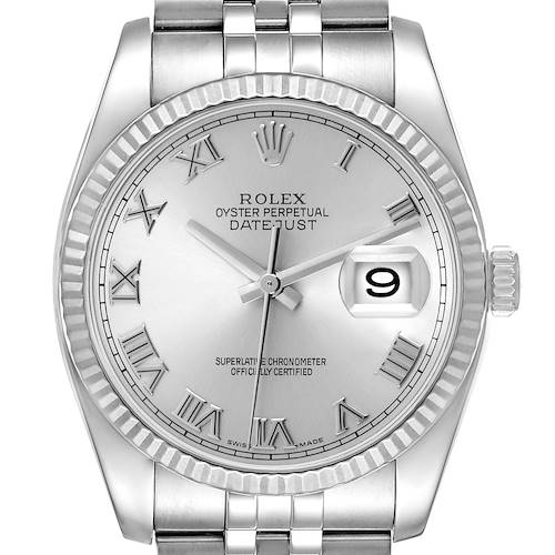 The image shows a Rolex Datejust 116234 Men's Stainless Steel White Dial watch from a frontal angle, highlighting the dial, bezel, crown, and part of the bracelet.