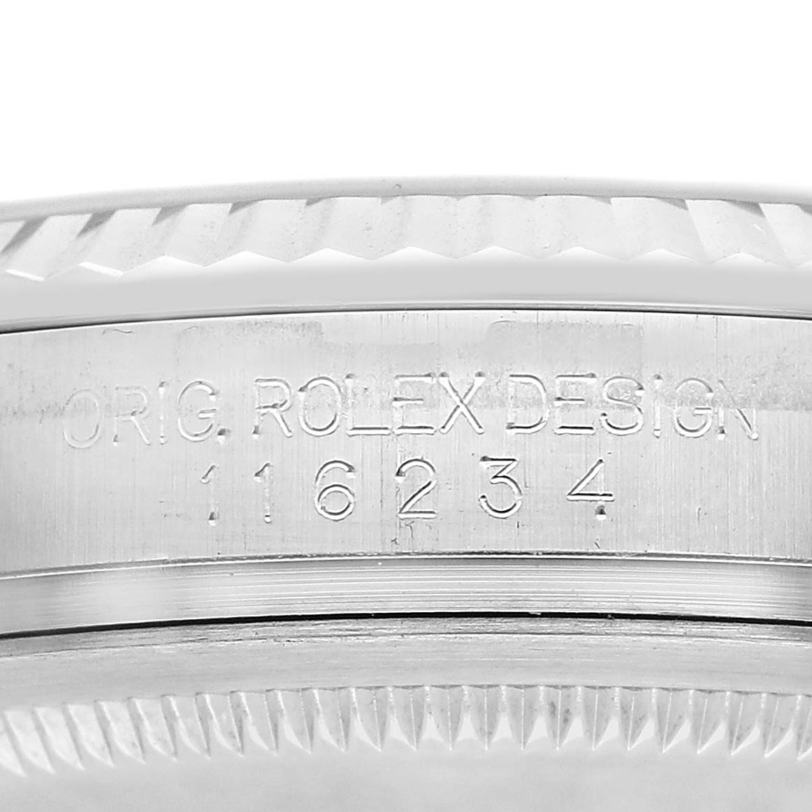 This image shows a close-up of the side engraving and bezel of a Rolex Datejust 116234 Men's Stainless Steel White Dial watch, highlighting the model number.