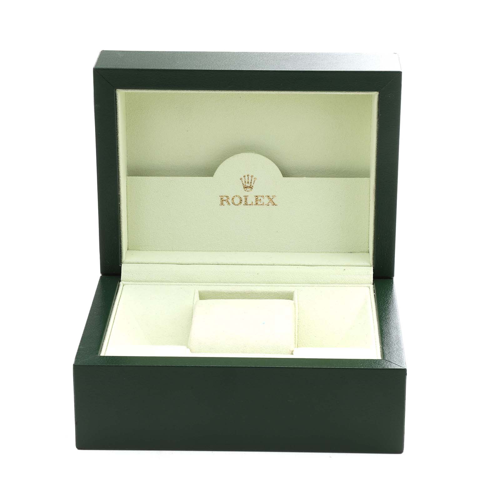 This image shows an open Rolex Datejust 116234 Men's Stainless Steel White Dial box from a front angle, highlighting its interior design.