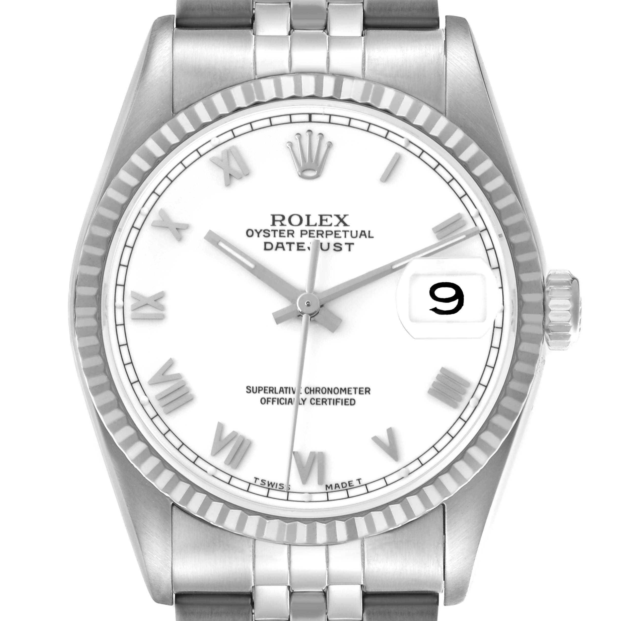 The Rolex Datejust 16234 Men
s Stainless Steel White Dial 16234 Men
s Stainless Steel White Dial watch is shown from a frontal angle, highlighting the dial, bezel, crown, and part of the bracelet.