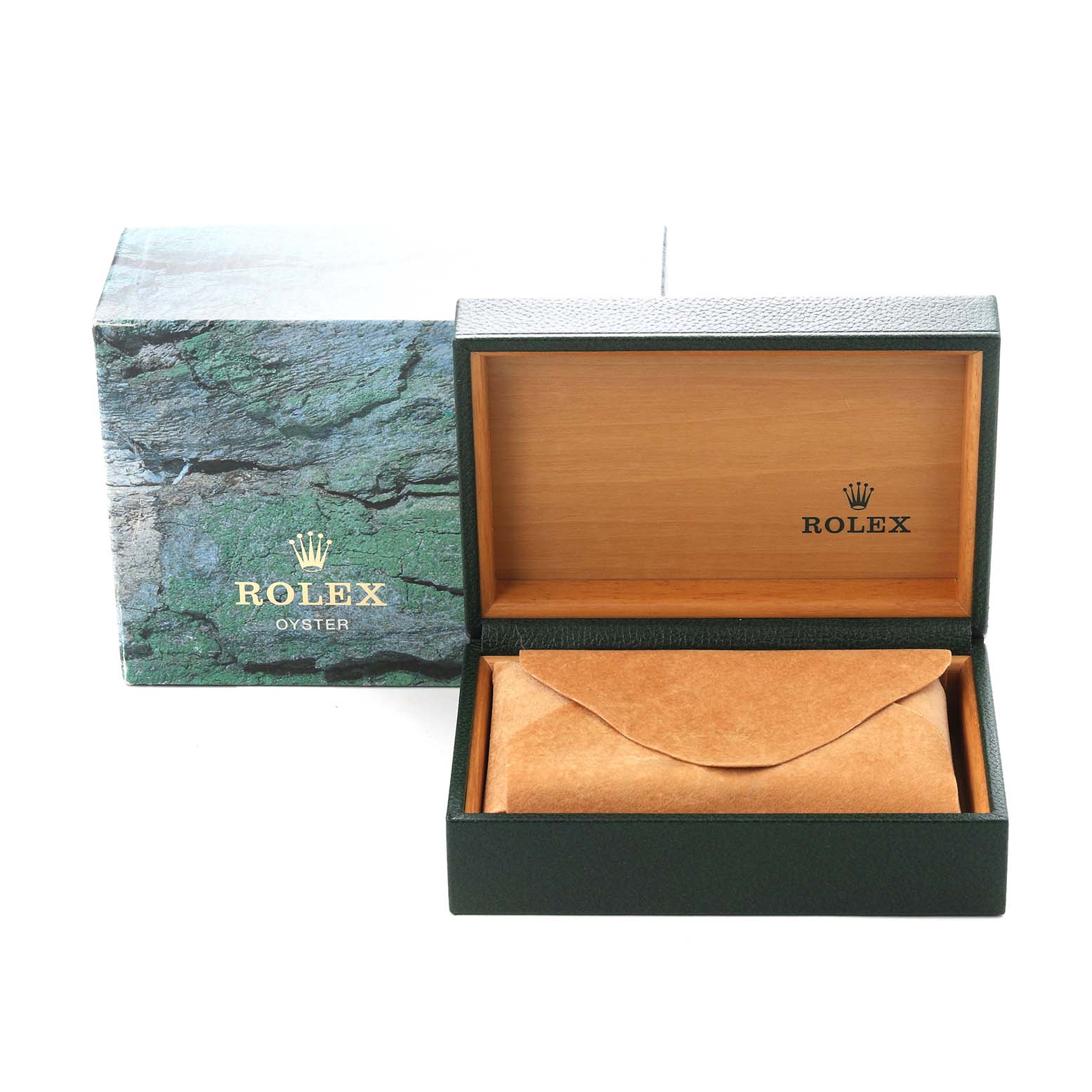 The image shows an open Rolex Datejust 16234 Men
s Stainless Steel White Dial 16234 Men
s Stainless Steel White Dial watch box with a brown protective pouch inside, alongside the green exterior box.