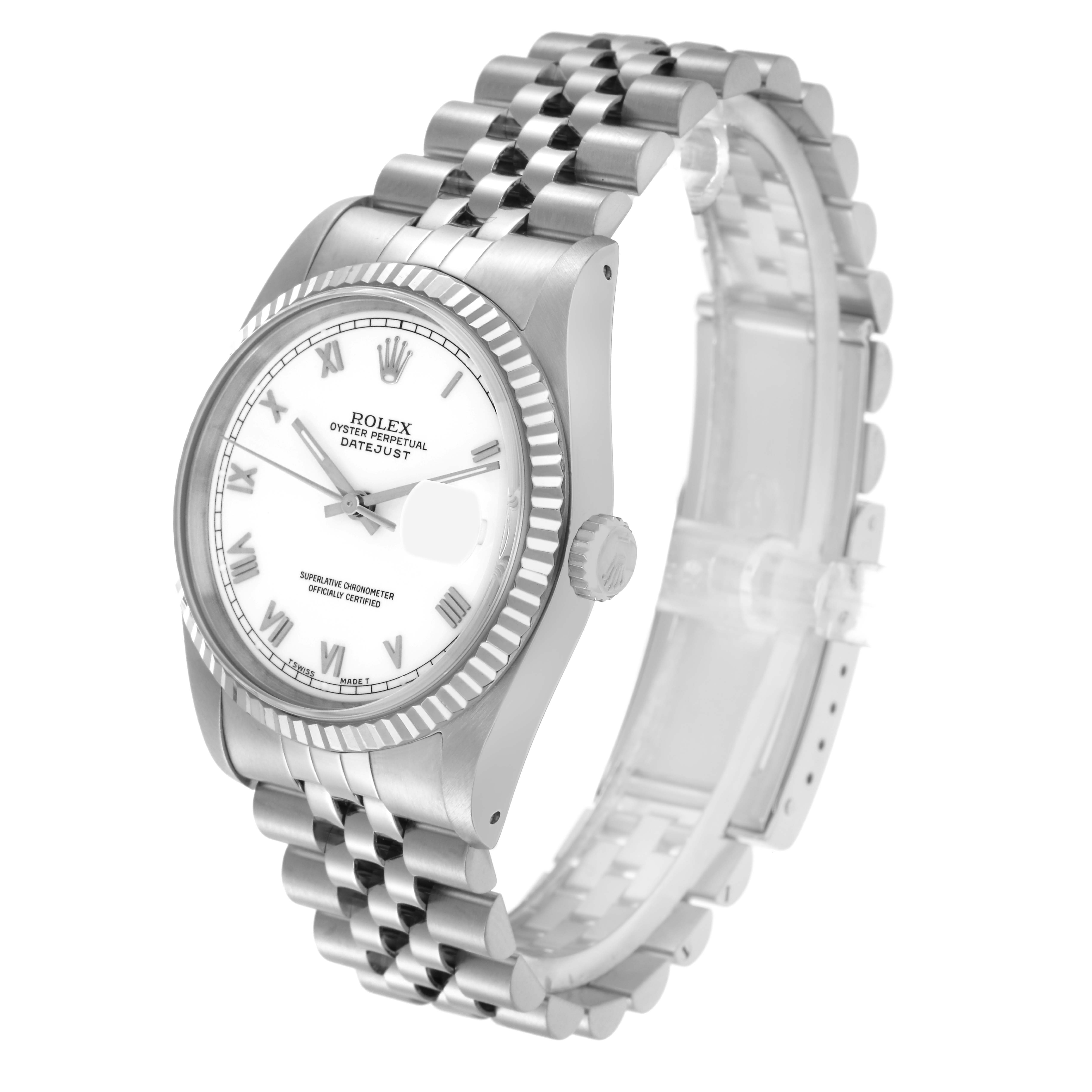 The Rolex Datejust 16234 Men
s Stainless Steel White Dial 16234 Men
s Stainless Steel White Dial watch is shown at a three-quarter angle, highlighting the face, bezel, side crown, and strap.