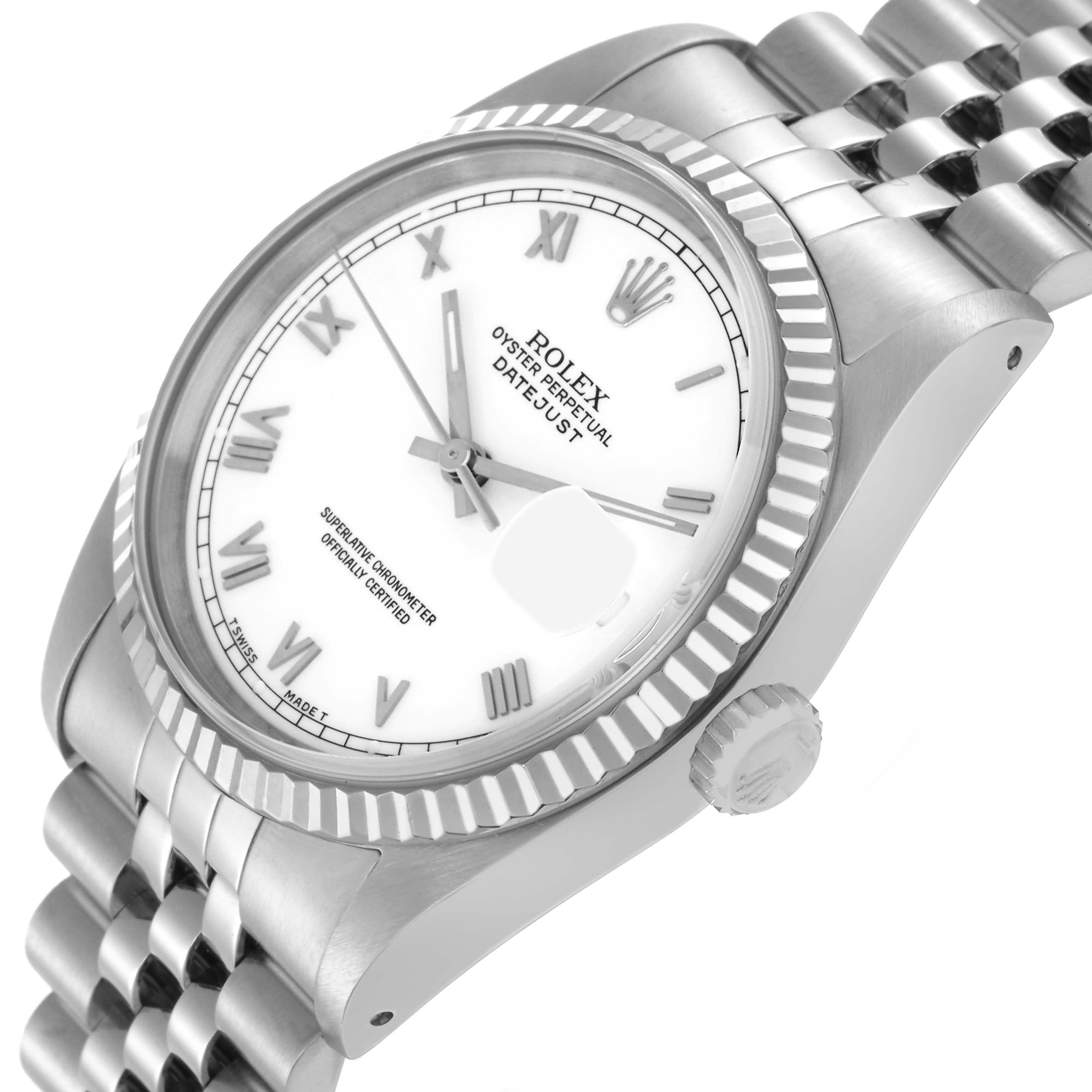 The Rolex Datejust 16234 Men
s Stainless Steel White Dial 16234 Men
s Stainless Steel White Dial watch is shown at a slight angle highlighting the dial, Roman numerals, bezel, case, crown, and bracelet.