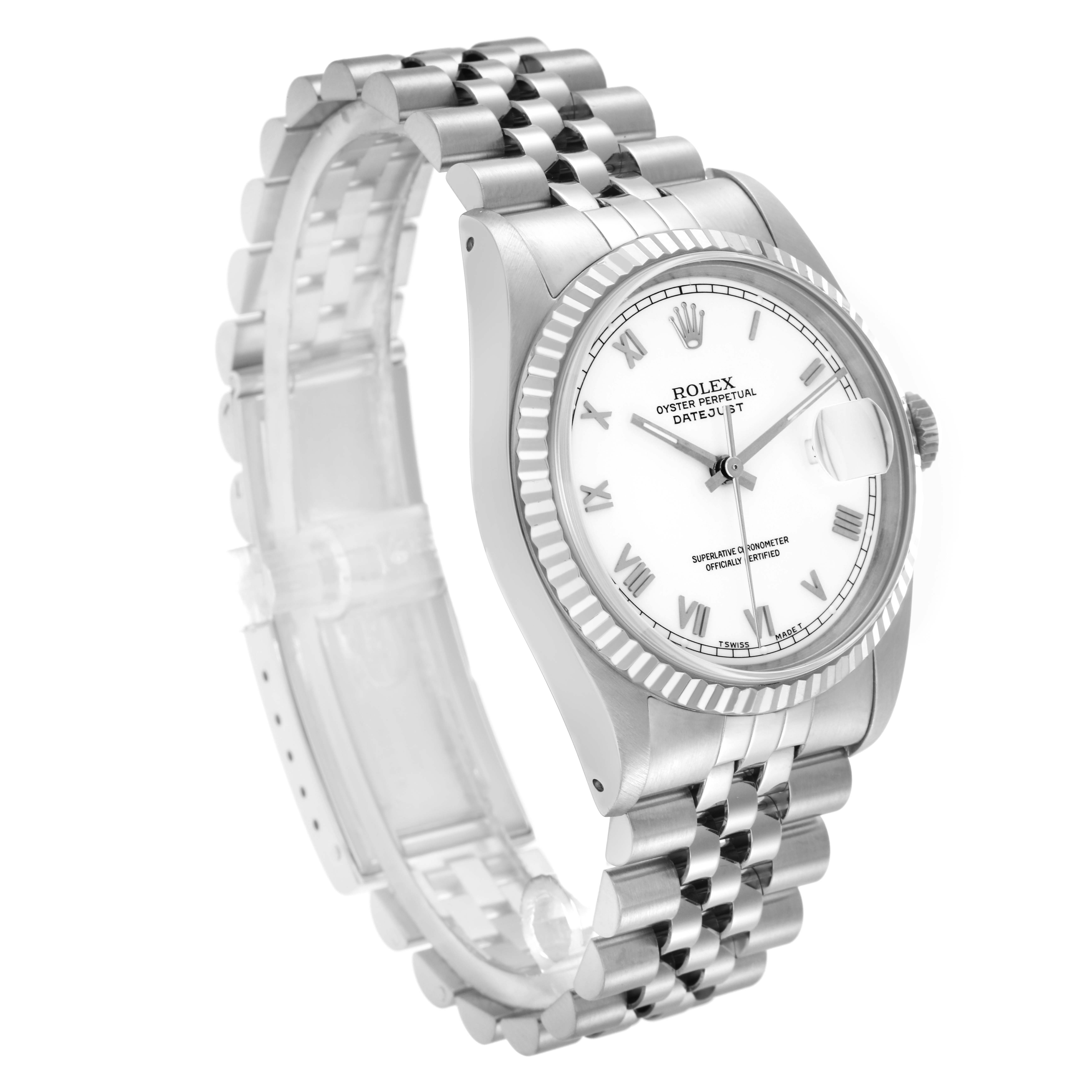 The Rolex Datejust 16234 Men
s Stainless Steel White Dial 16234 Men
s Stainless Steel White Dial watch is shown at a three-quarter angle, highlighting the dial, bezel, case, and bracelet.