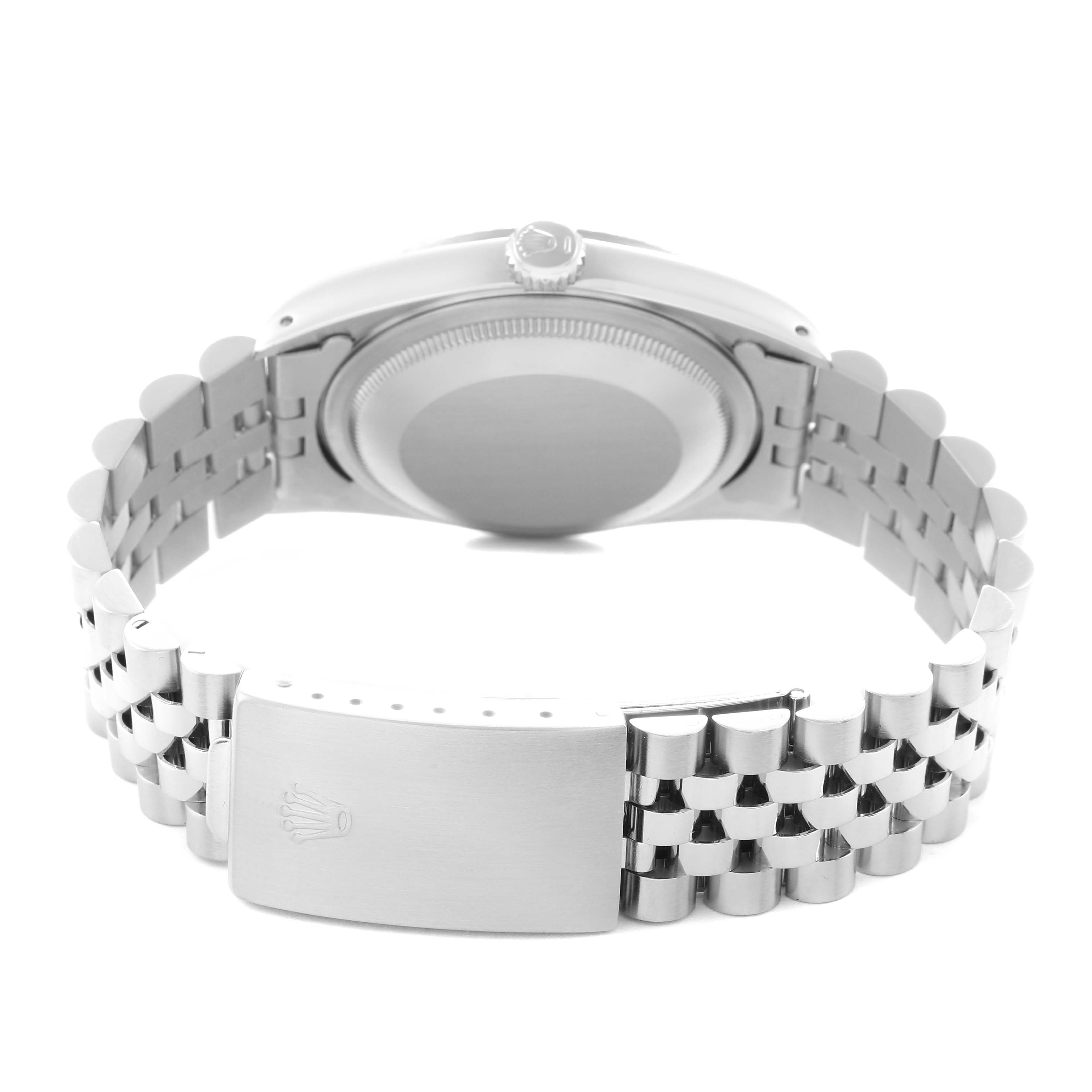 The image shows the back and side of a Rolex Datejust 16234 Men
s Stainless Steel White Dial 16234 Men
s Stainless Steel White Dial watch, focusing on the case back and bracelet.