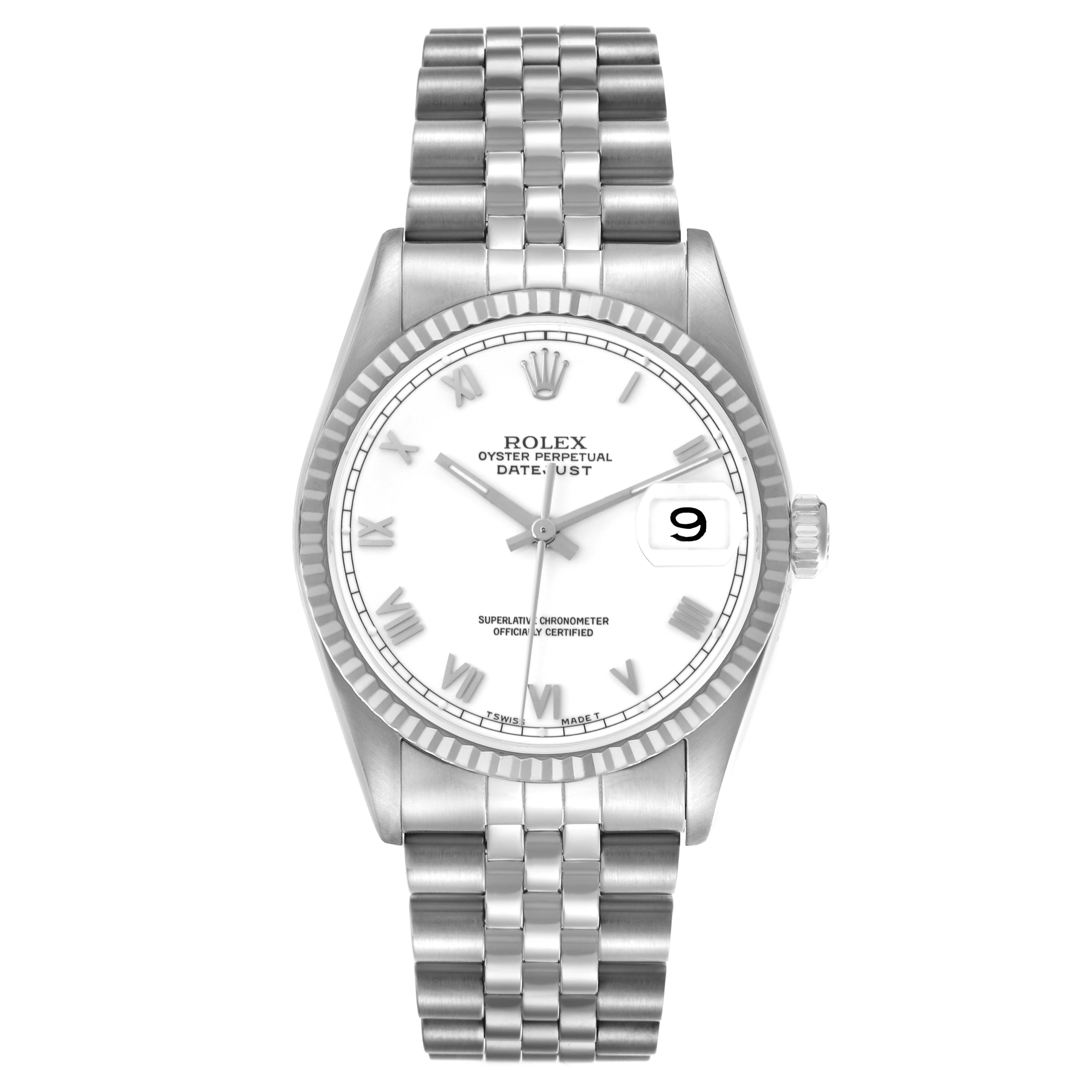 The Rolex Datejust 16234 Men
s Stainless Steel White Dial 16234 Men
s Stainless Steel White Dial watch is shown from the front, highlighting the dial, bezel, bracelet, and date window.