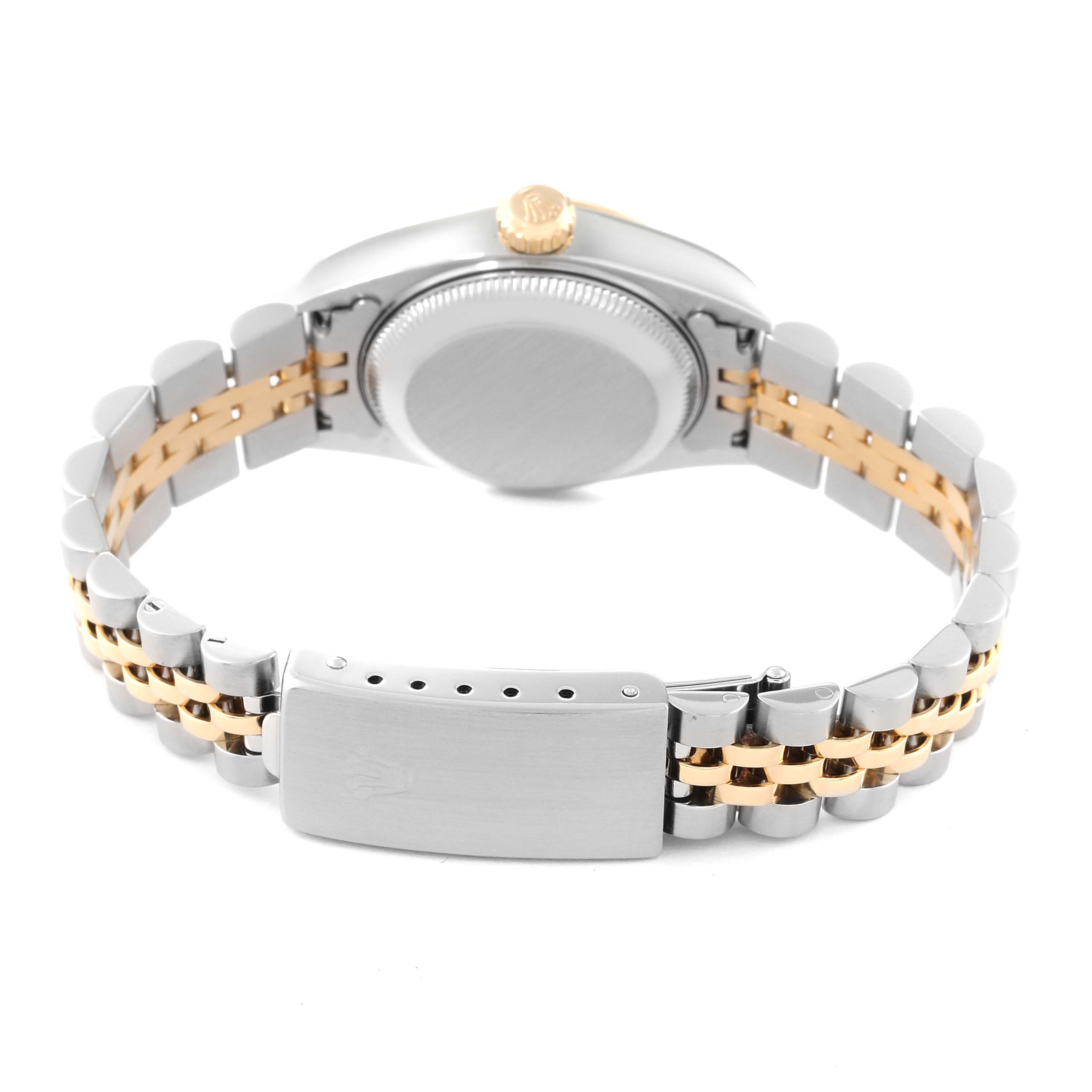 The image shows the back view of a Rolex Datejust 79173 Women's Steel and Gold (two tone) Blue Dial 79173 Women's Steel and Gold (two tone) Blue Dial watch, highlighting its bracelet and clasp with a two-tone design.