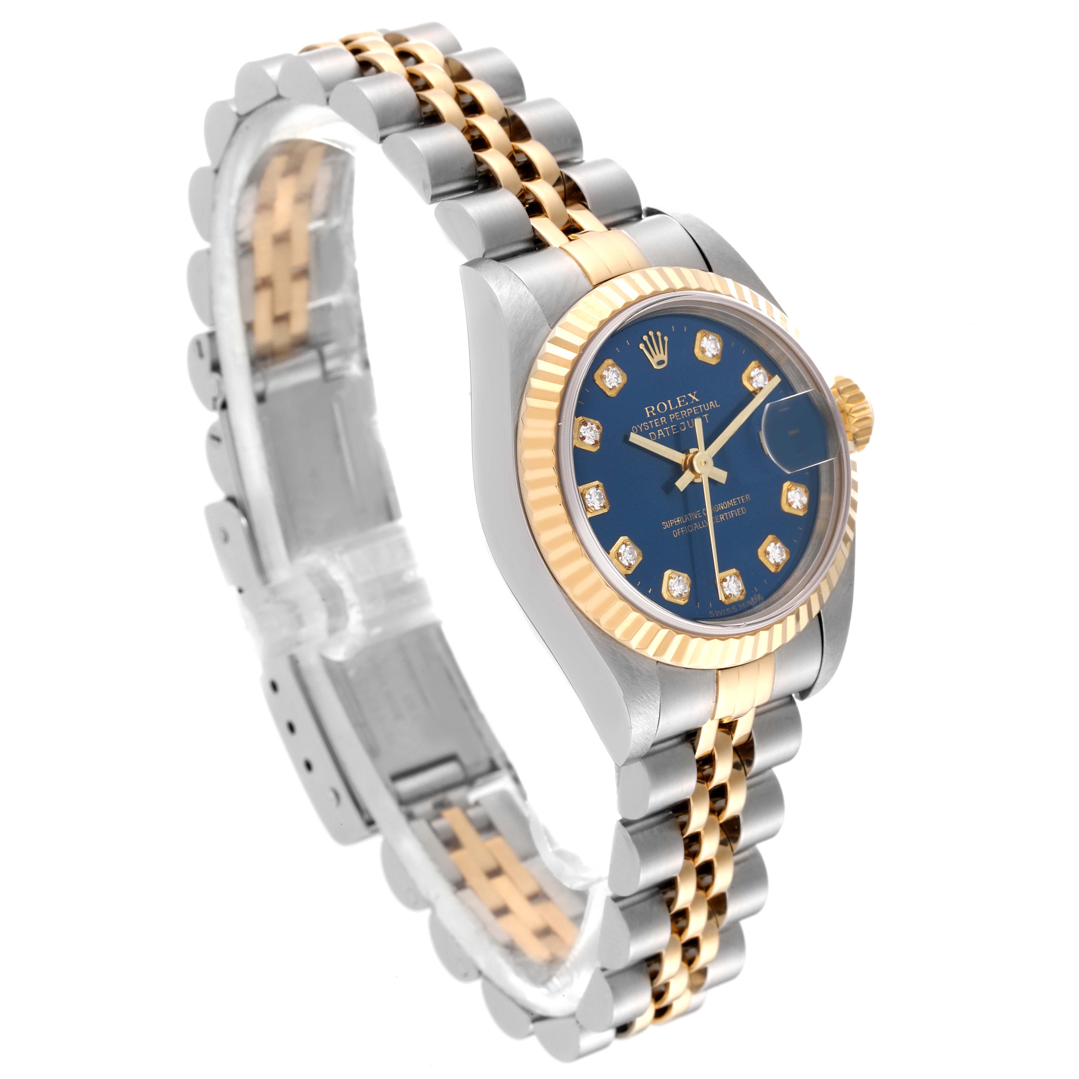 The Rolex Datejust 79173 Women's Steel and Gold (two tone) Blue Dial 79173 Women's Steel and Gold (two tone) Blue Dial watch is shown at a slightly angled side view, displaying its dial, fluted bezel, and two-tone bracelet.