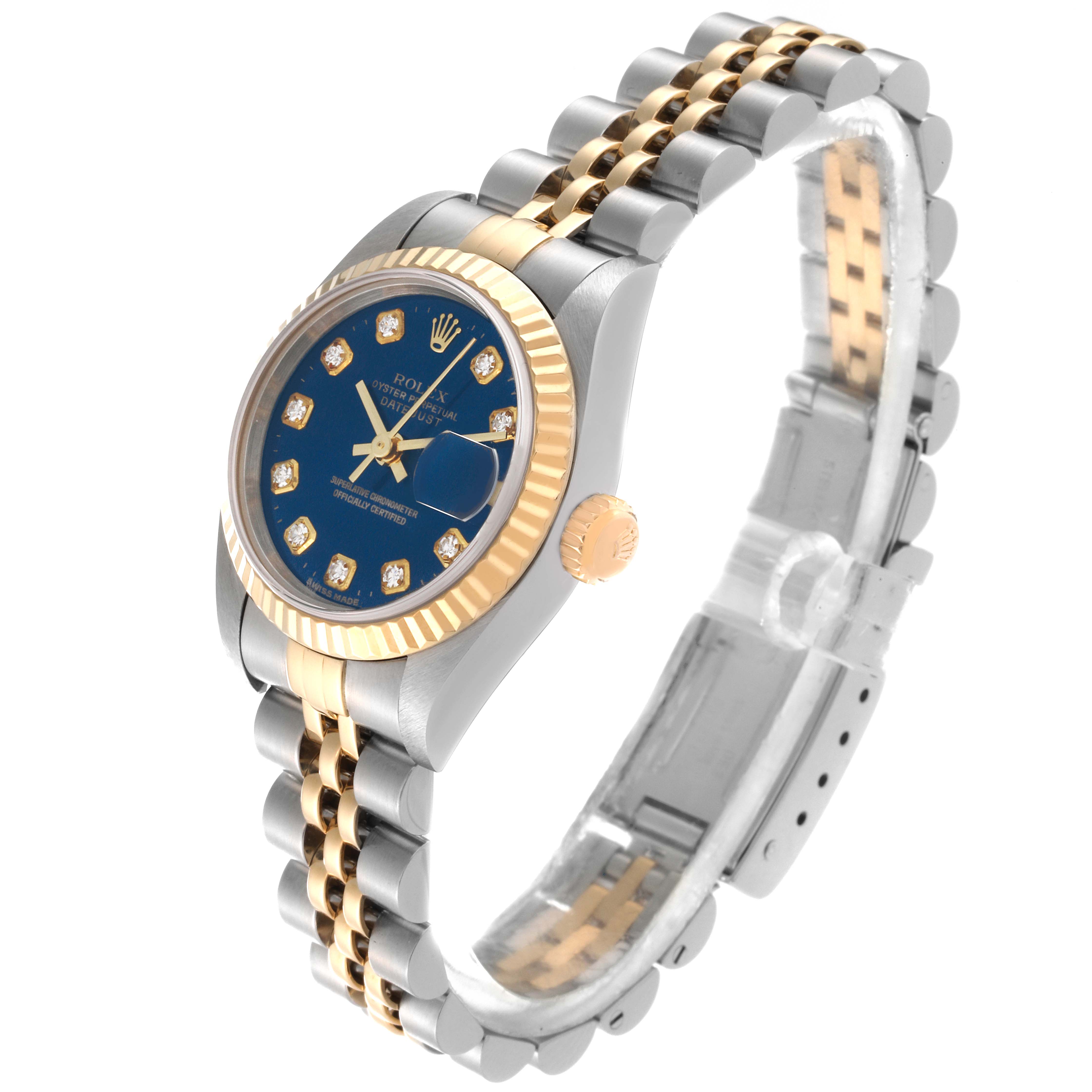 This Rolex Datejust 79173 Women's Steel and Gold (two tone) Blue Dial 79173 Women's Steel and Gold (two tone) Blue Dial watch is shown at a three-quarter angle, displaying its face, bezel, crown, and bracelet.