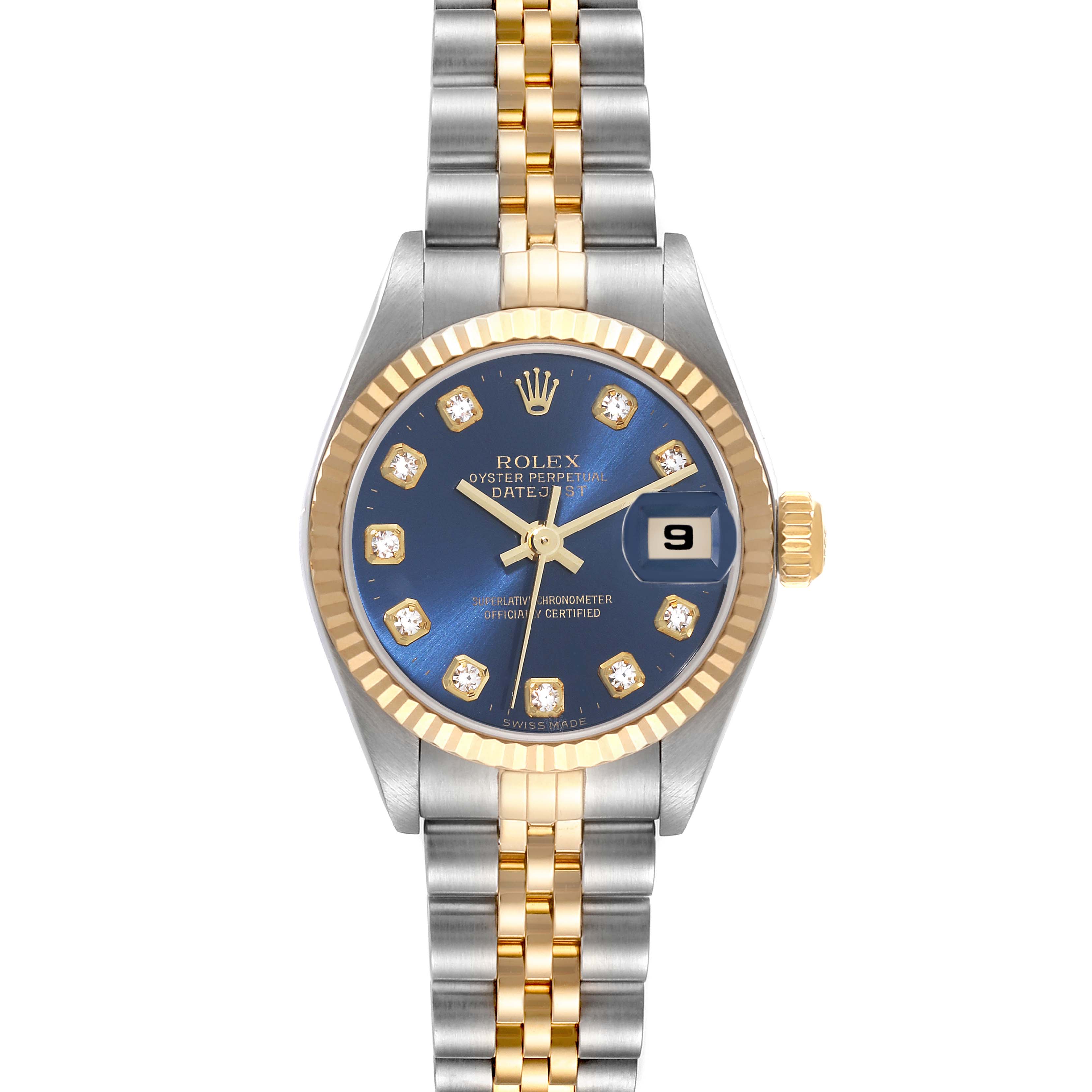 This Rolex Datejust 79173 Women's Steel and Gold (two tone) Blue Dial 79173 Women's Steel and Gold (two tone) Blue Dial watch is shown from a front angle displaying the dial, bezel, crown, and bracelet.