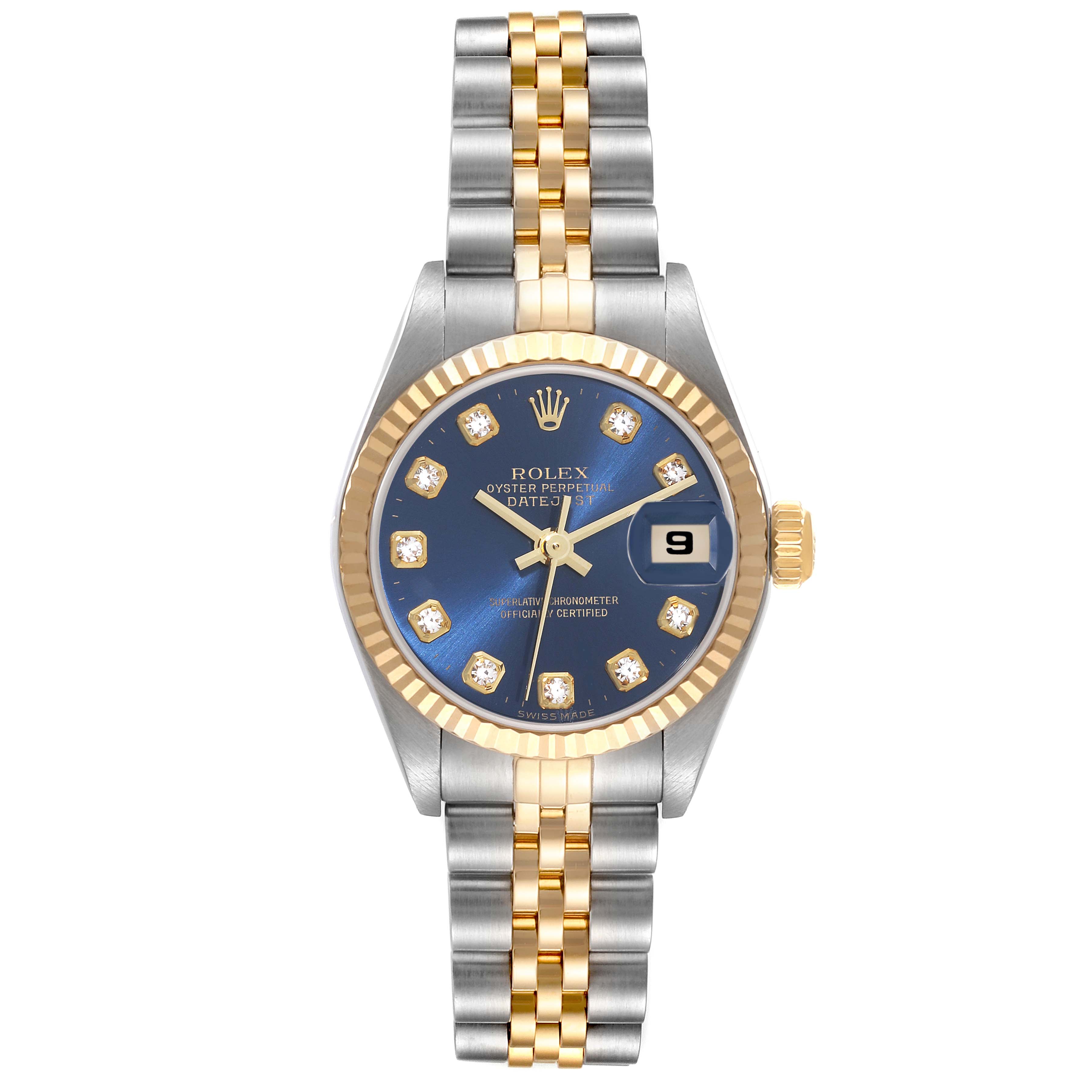 This image shows a top view of a Rolex Datejust 79173 Women's Steel and Gold (two tone) Blue Dial 79173 Women's Steel and Gold (two tone) Blue Dial watch, highlighting its jubilee bracelet, fluted bezel, and a dial with diamond hour markers.
