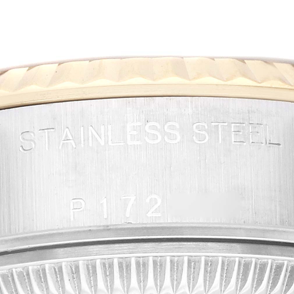 The image shows a close-up view of the stainless steel casing with model details engraved on a Rolex Datejust 79173 Women's Steel and Gold (two tone) Blue Dial 79173 Women's Steel and Gold (two tone) Blue Dial watch.