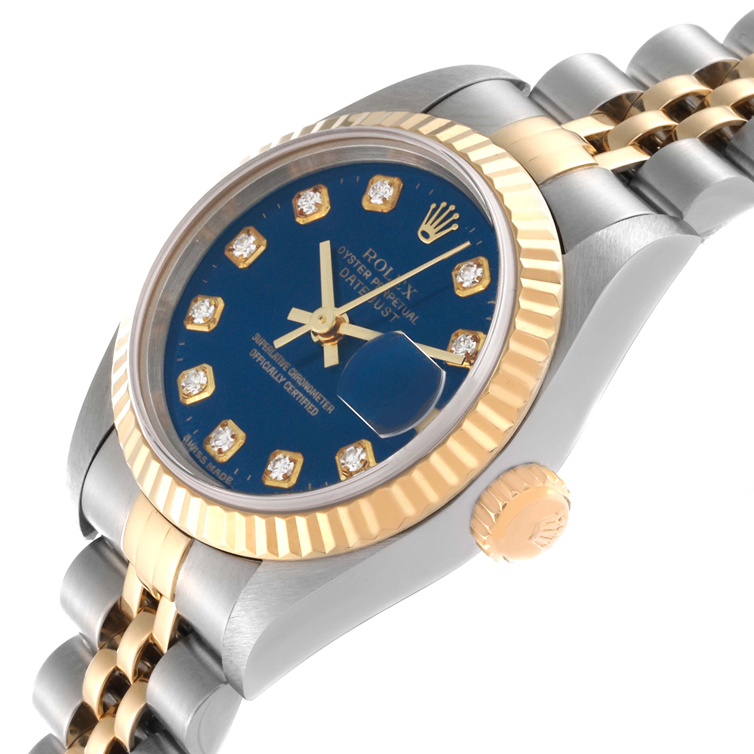 The Rolex Datejust 79173 Women's Steel and Gold (two tone) Blue Dial 79173 Women's Steel and Gold (two tone) Blue Dial is shown at an angle highlighting the blue dial, diamond markers, jubilee bracelet, and fluted bezel.