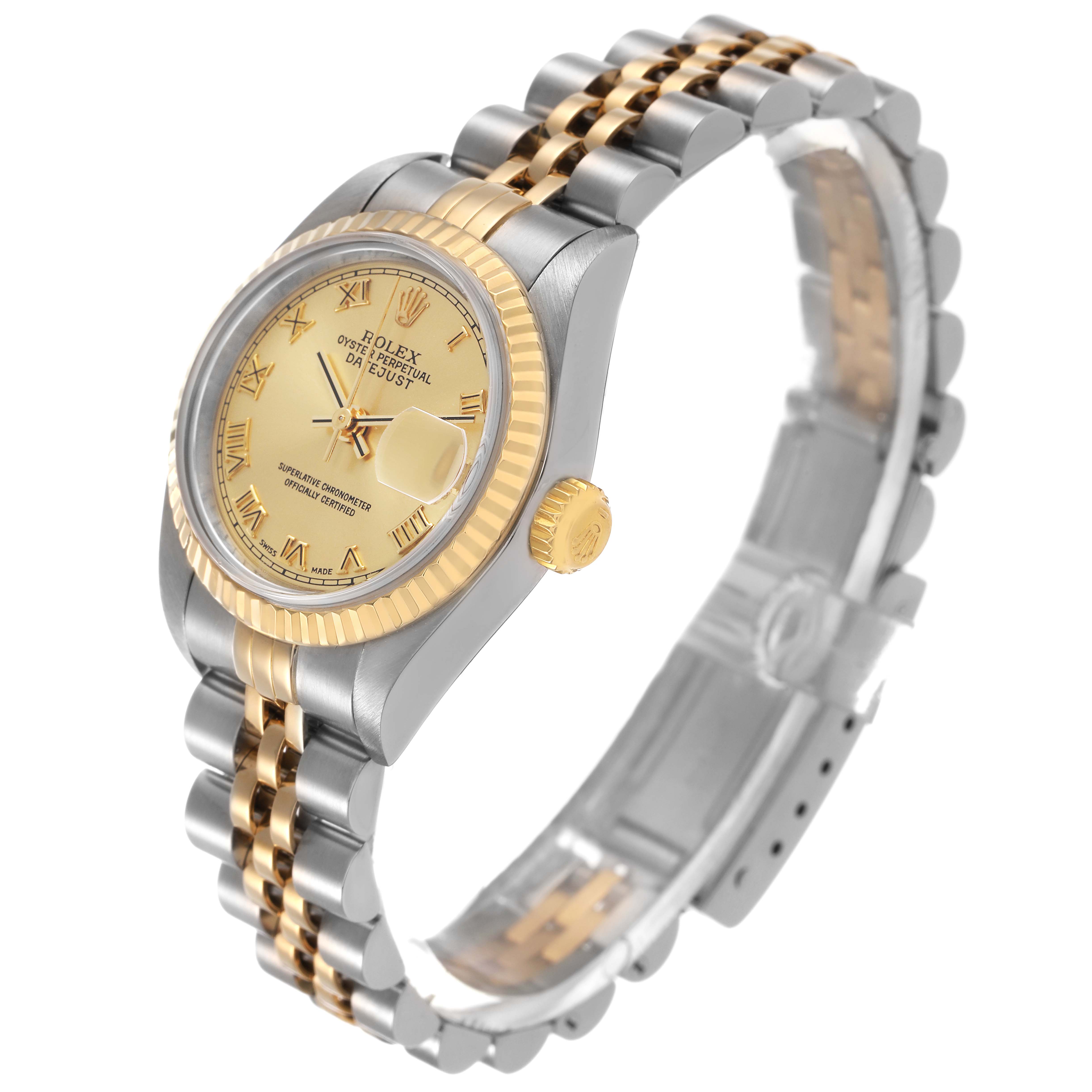 The Rolex Datejust 79173 Women's Stainless Steel Champagne Dial watch is shown at a slight angle, displaying the bracelet, case, dial, crown, and bezel.