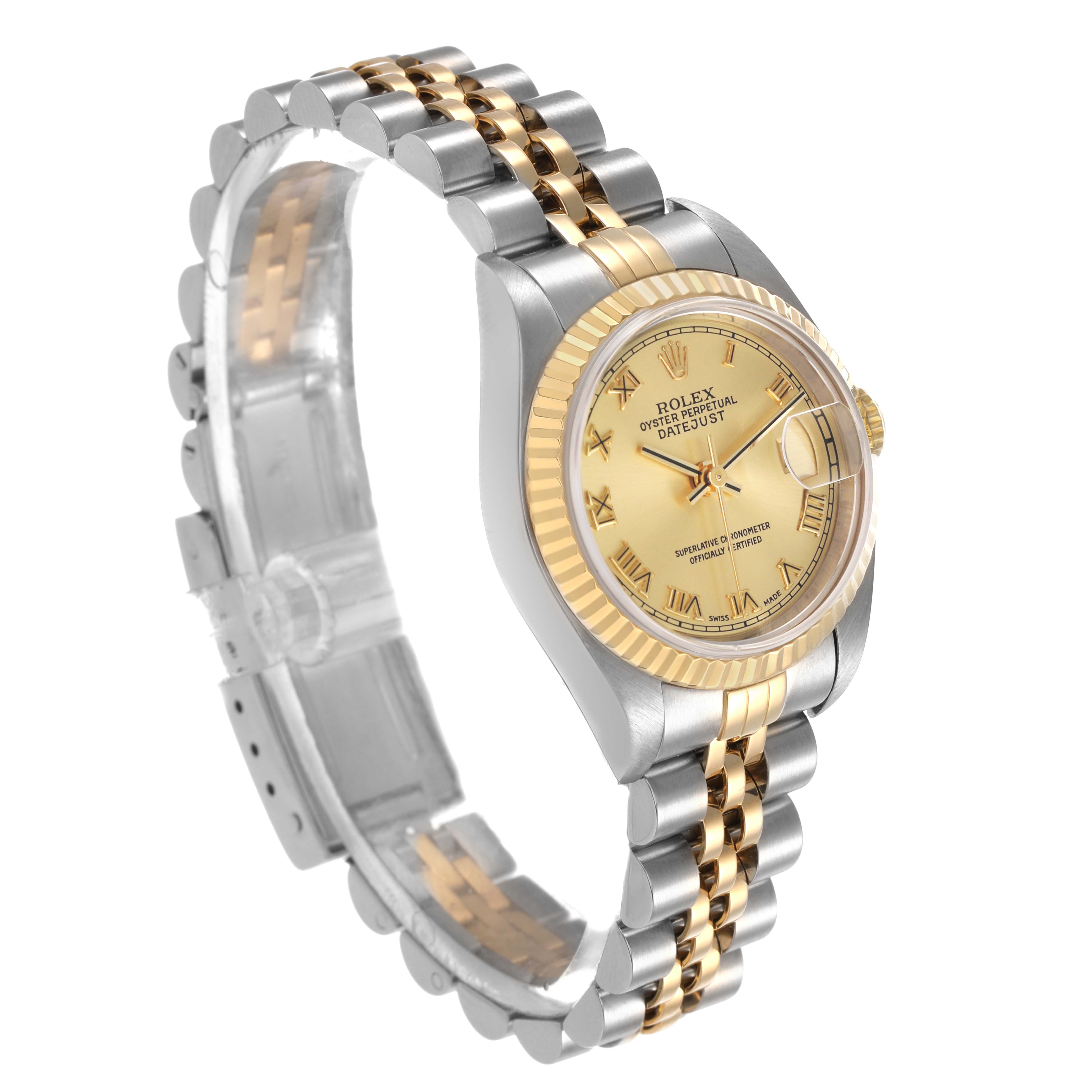 The Rolex Datejust 79173 Women's Stainless Steel Champagne Dial watch is shown from a slight side angle, displaying its gold dial, bezel, two-tone bracelet, and crown.
