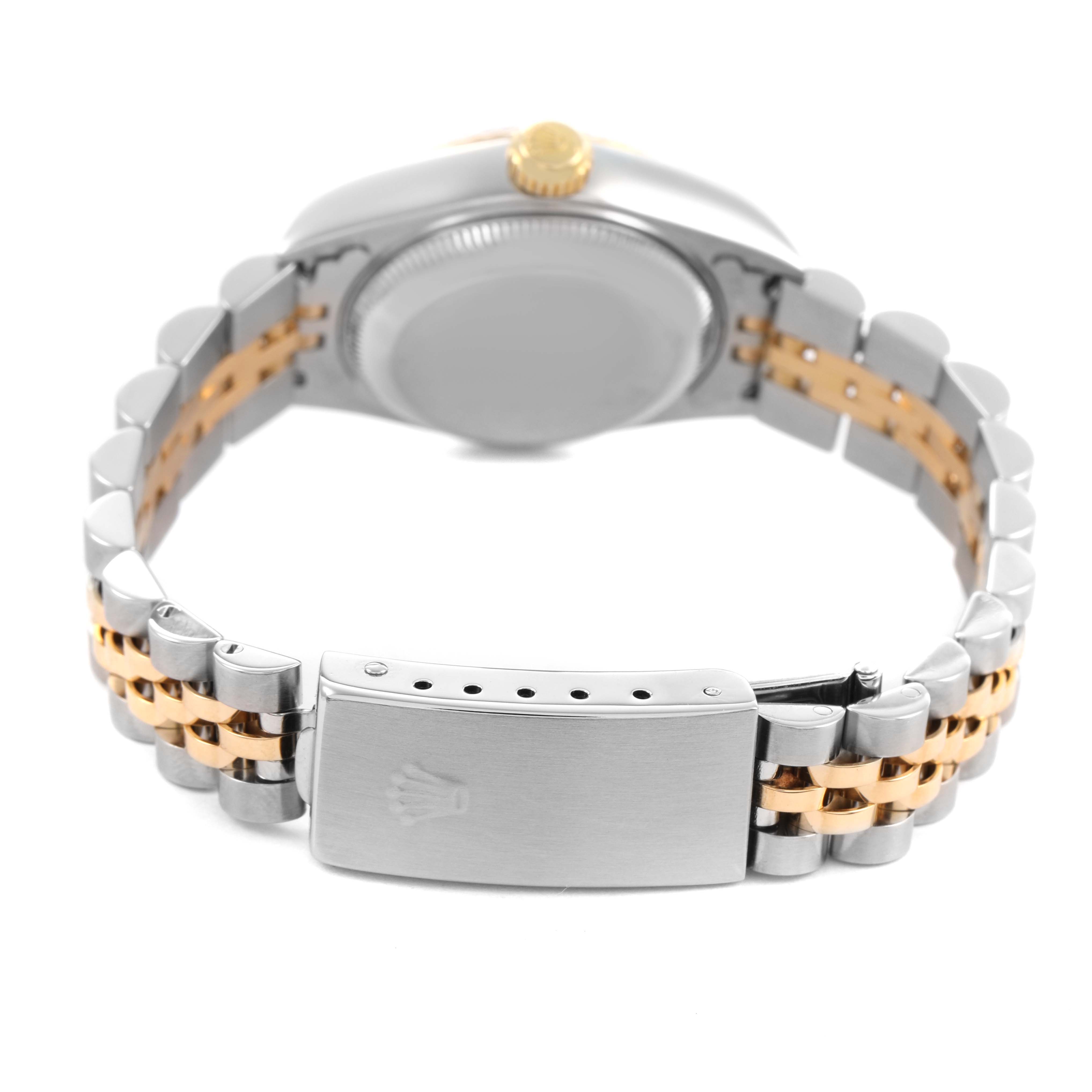 The image shows the Rolex Datejust 79173 Women's Stainless Steel Champagne Dial watch from the back, highlighting its clasp and two-tone bracelet.