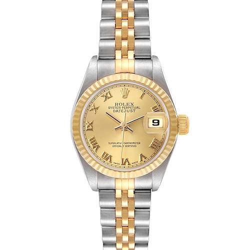 This image shows a Rolex Datejust 79173 Women's Stainless Steel Champagne Dial watch from a front angle, displaying the face, bezel, and bracelet.
